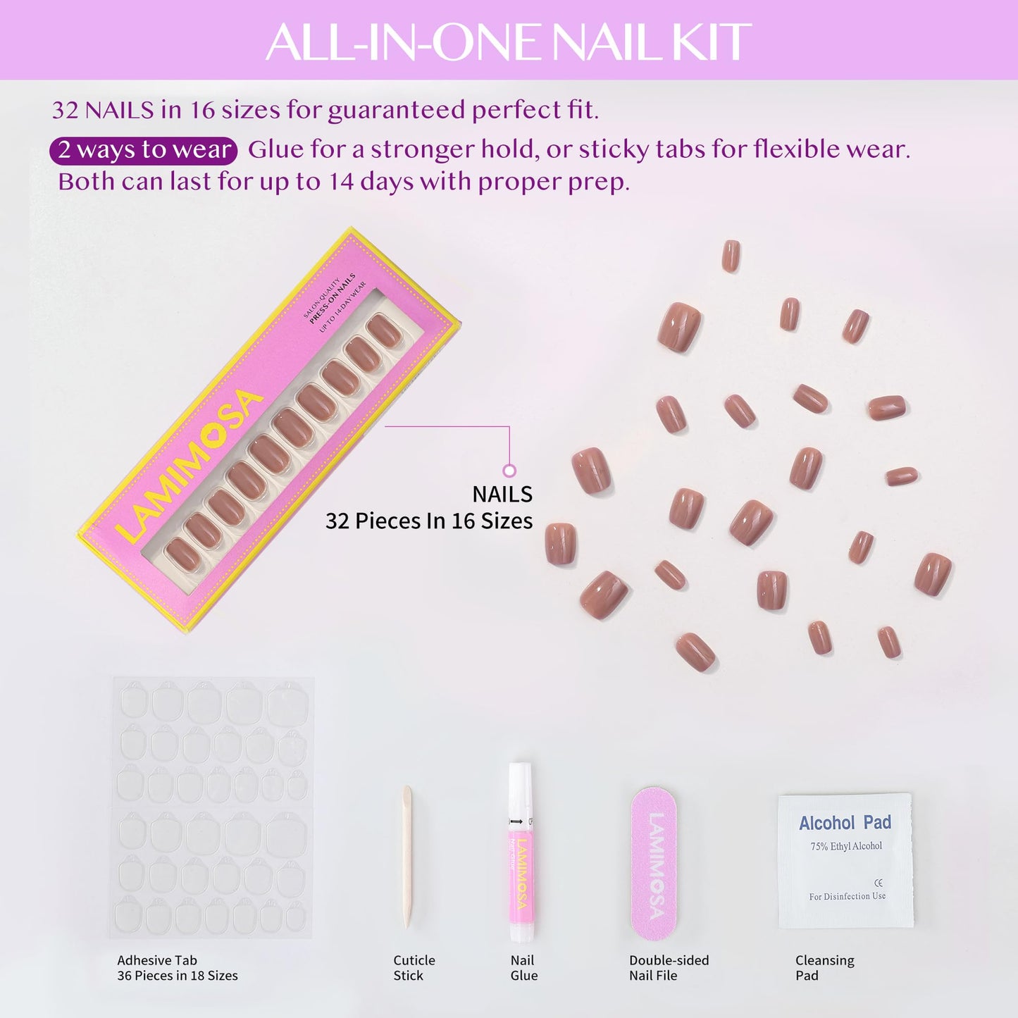 LAMIMOSA 32Pcs Neutral Press On Nails Short Square – Soft Gel Taro Nude Squoval Fake Nails in 16 Sizes, Reusable Glue on Nail kit, Solid Clay Color Stick on Nails, CLAY BLUSH