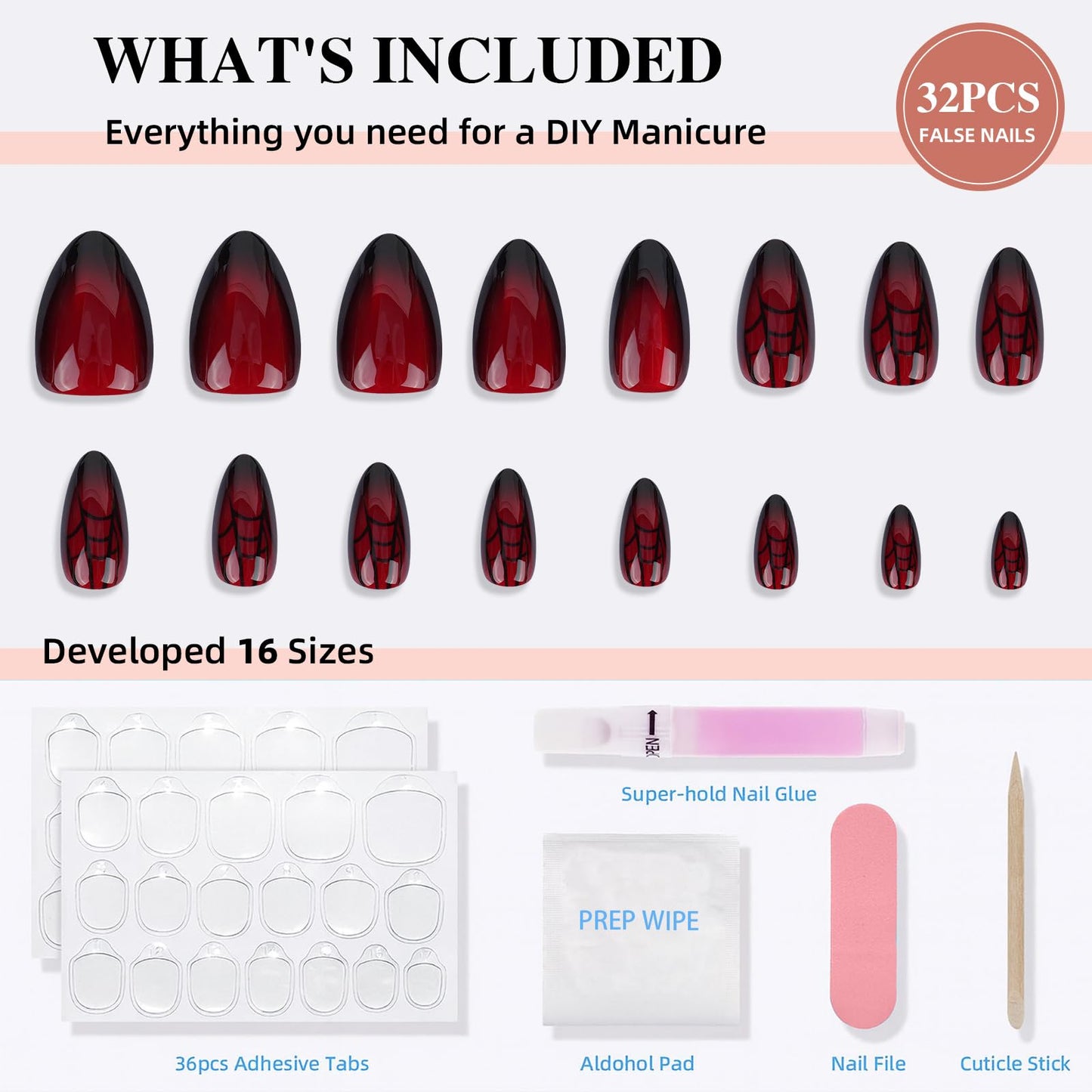 Sifvoo Red Spider Web Cat Eye Press On Nails Short Almond, Glossy Reusable Press On Nails for Women, 32 Count 16 Sizes Nail Kit with Glue (SV-10)