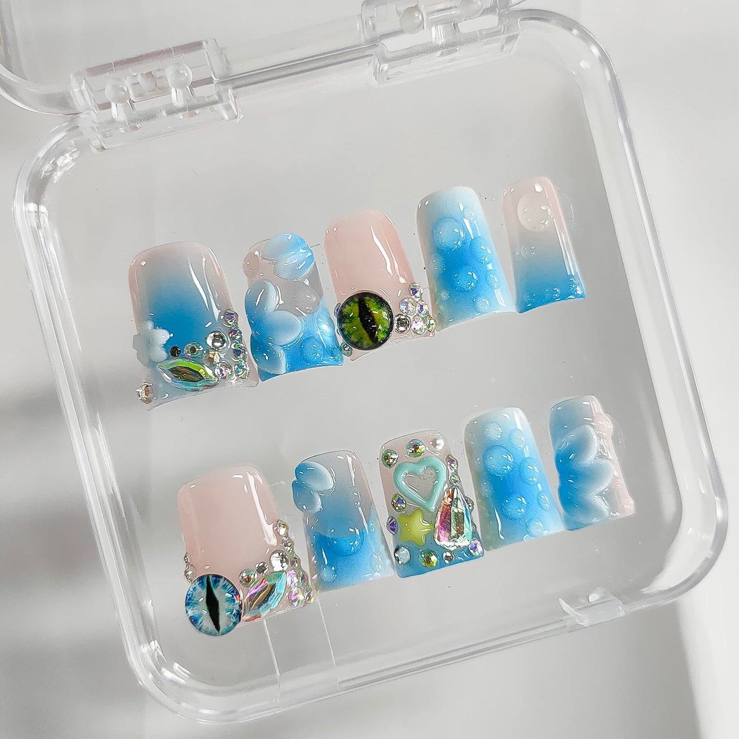 Handmade Press on Nails Short Duck 3D Floral Thick Acrylic Fake Nails French Tip False Nails with Rhinestones Flower Eyes Charms Designs Nail Blue Sturdy Art Press on Nail 10Pcs(S)