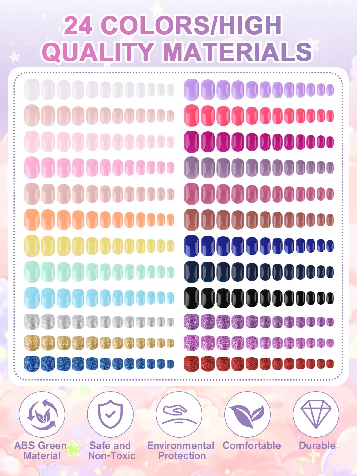 EBANKU 24 Pack Kid Fake Nail Kit, 576 Pieces Sparkle Press on Nails for Kids Colorful Stick on Nail Short Artificial False Nail Kits for Girls