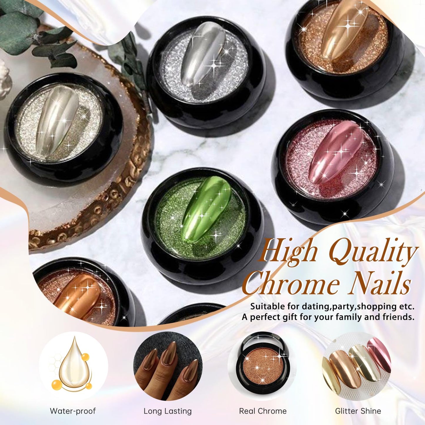 Chrome Green Press on Nails Almond Medium, KQueenest Glazed Stiletto Fake Nails Press ons With Mirror Effect, Glitter Glue on Nails Medium Bling Acrylic Nails Spring False Nails for Women Decoration