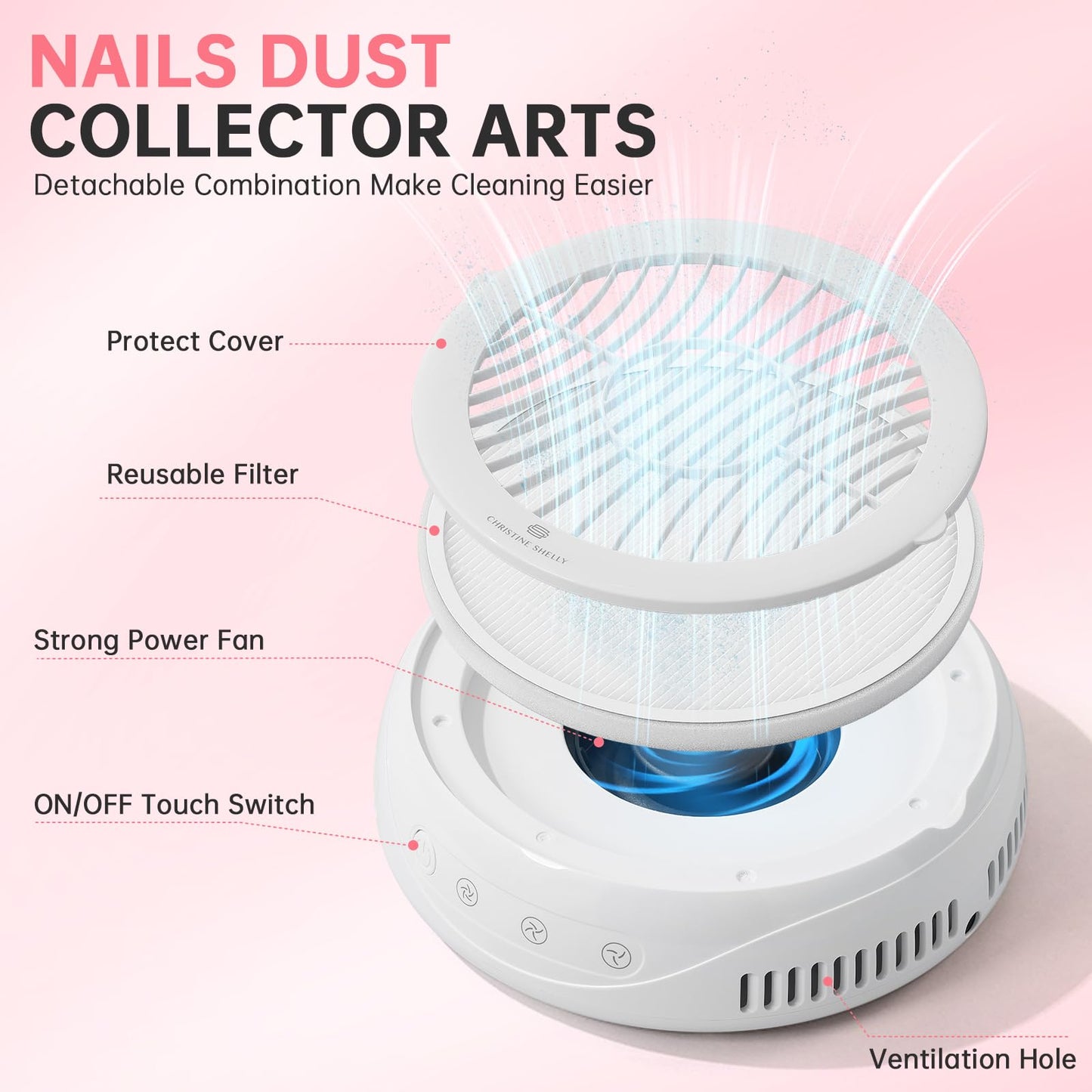 CHRISTINE SHELLY Nail Dust Collector, Rechargeable Dust Collector Nail Tech, Powerful Vacuum Fan Vent Dust Collector Extractor Dust Suction Machine for Acrylic Nails Polishing, Nail Salon&Home