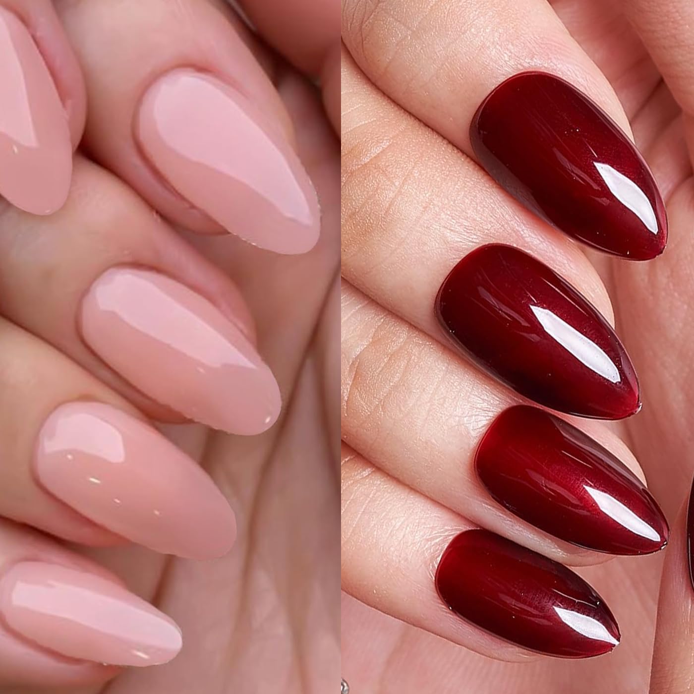GLAMERMAID Nude Pink Press On Nails Short Almond, Handmade Jelly Soft Gel Nails Round Oval Fake Nails, Soft Jelly Gel Nail Tips Deep Burgundy Round Fake Nails, Natural Deep Red Stick Glue on Nails