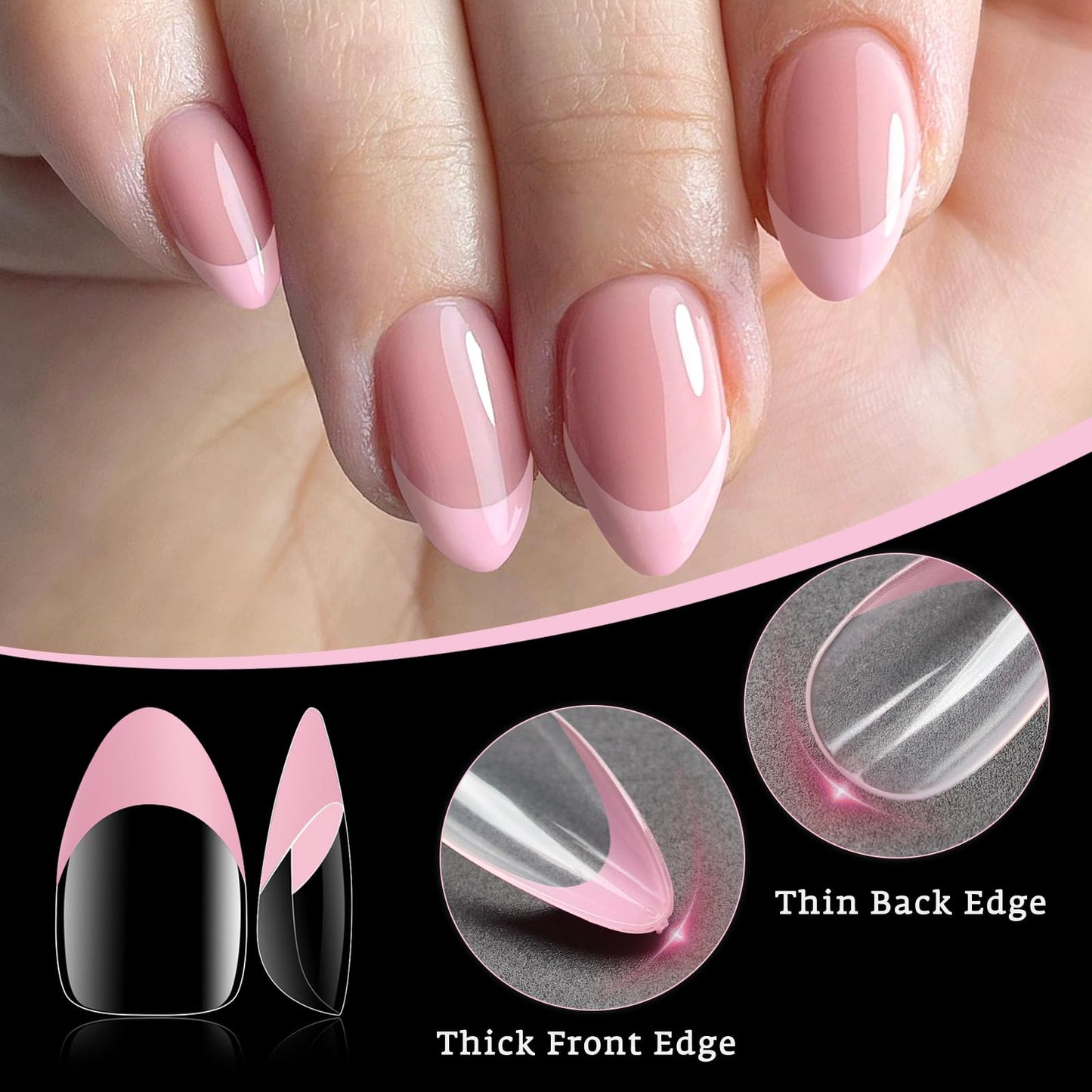 Bellelfin Pink French Tip Press on nails Short Almond Fake Nails, 120PCS Almond Nail Tips Short French Tip Nails, Clear Acrylic Press on Nail Full Cover False Nail