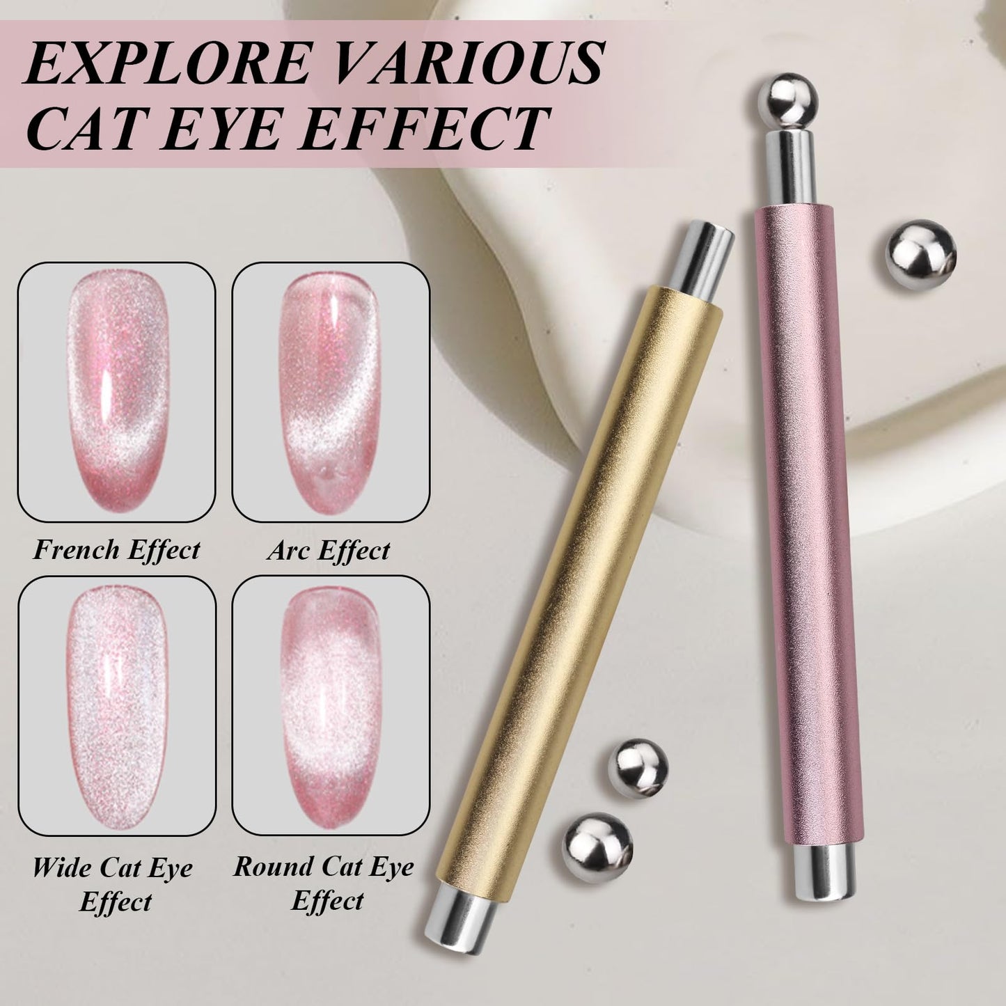 Plman Double-Head Cat Eye Nail Magnet Set, Nail Magnet Tool with Magnet Beads and Nail Magnet Guides, Flower Design Nail Magnetic Pen, Cat Eye Magnet for Nail Art DIY (Double-Head Set-Pink)