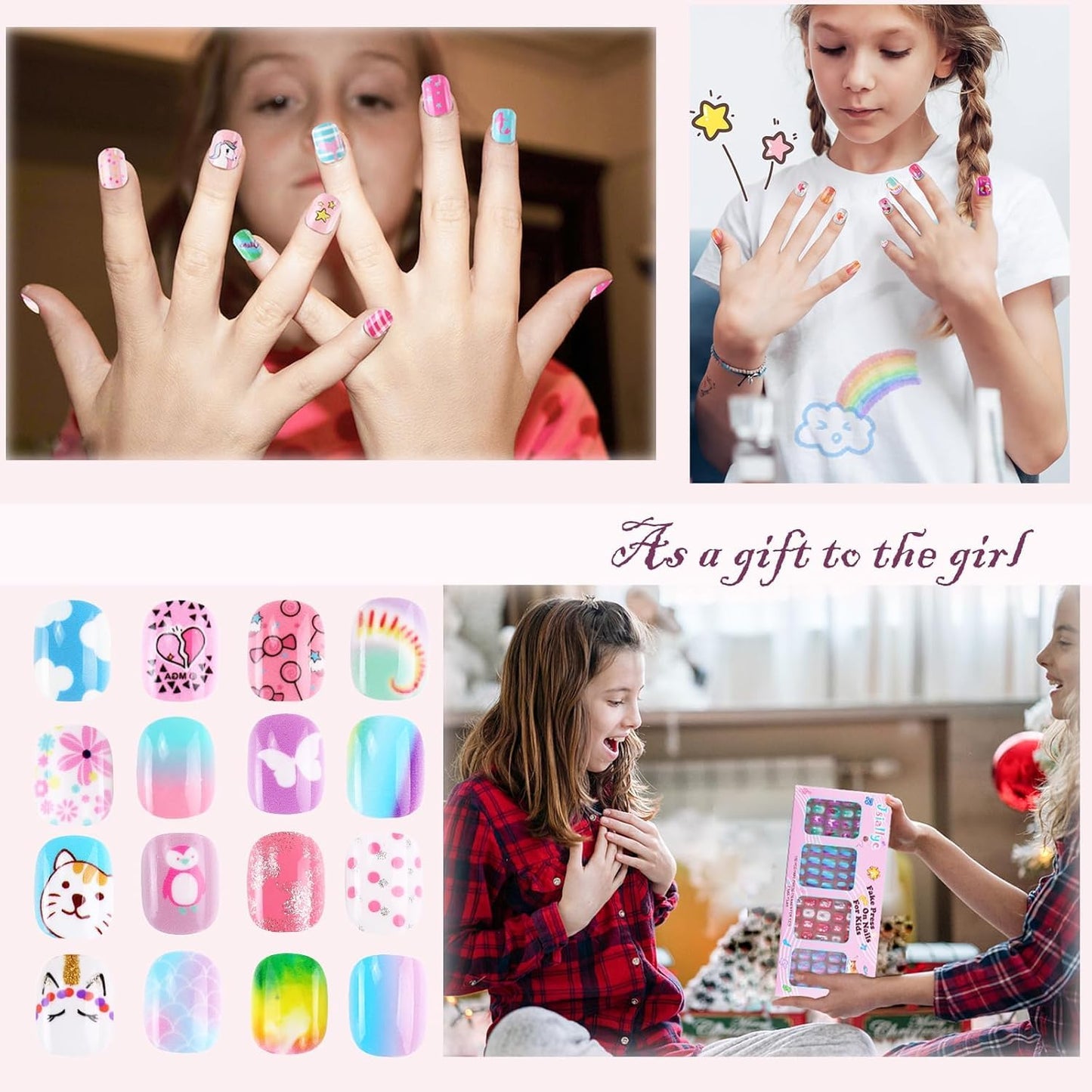Jsiallye 192Pcs Short Press on Nails for Kids,8 Packs Children Stick on Nails Fake Nails for Kids,Pre-glue Full Cover Pink Flower Animail Nail Tips for 8-12 Year
