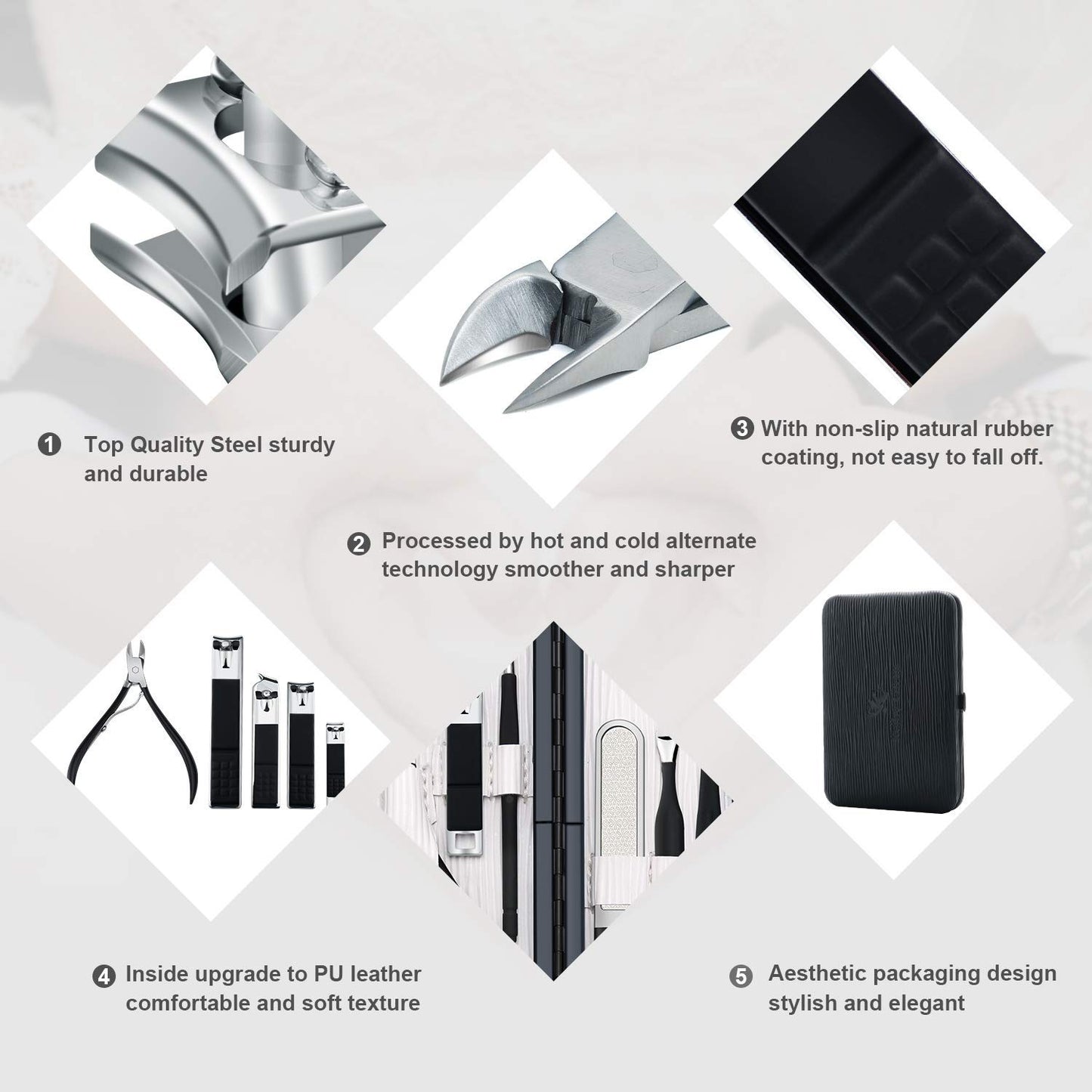 Keiby Citom Professional Stainless Steel Nail Clipper Travel & Grooming Kit Nail Tools Manicure & Pedicure Set of 18pcs with Luxurious Case (Black/White)