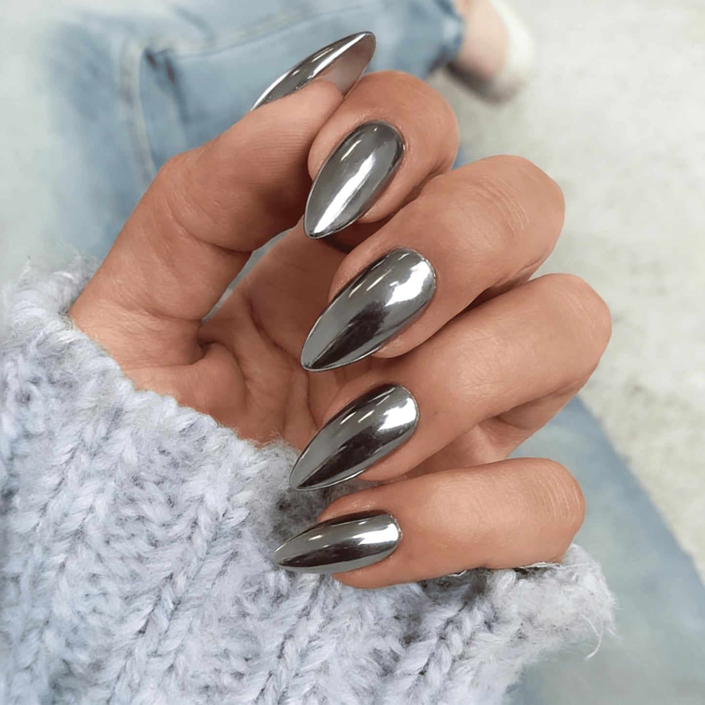 Smoky Gray Press On Nails Almond - KQueenest Chrome Press On Nails Medium, Pearlescent Black Fake Nails Press ons, Glitter Glue on Nails Medium Stiletto, Glazed Gel Stick On Nails for Women, 24 Pcs