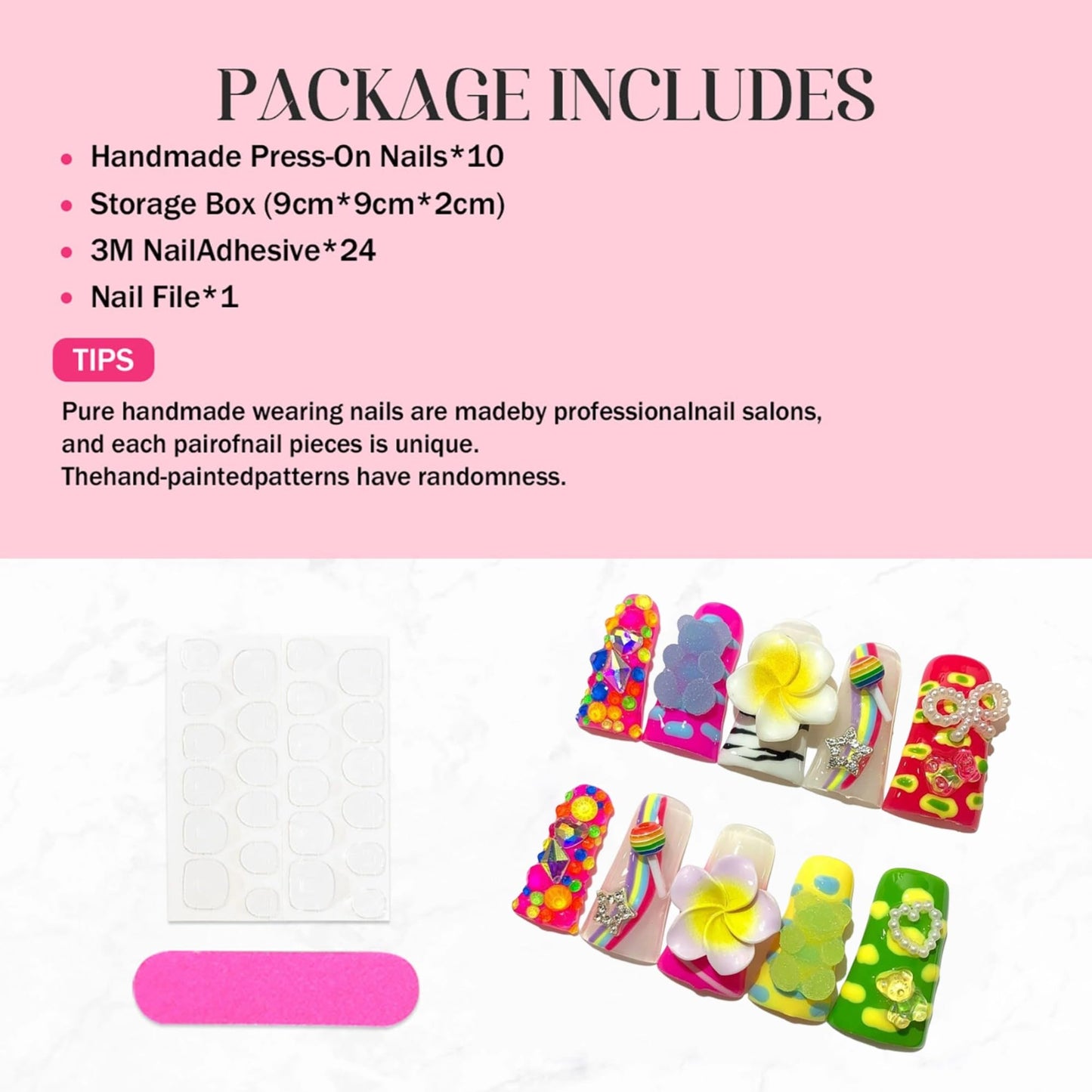 Qicaijia 10Pcs Press on Nails Long Handmade Duck Fake Nails 3D Charms Flower False Nails with Glue Colorful Twinkle Candy Artificial Acrylic Reusable Stick on Nails for Women (Size M)
