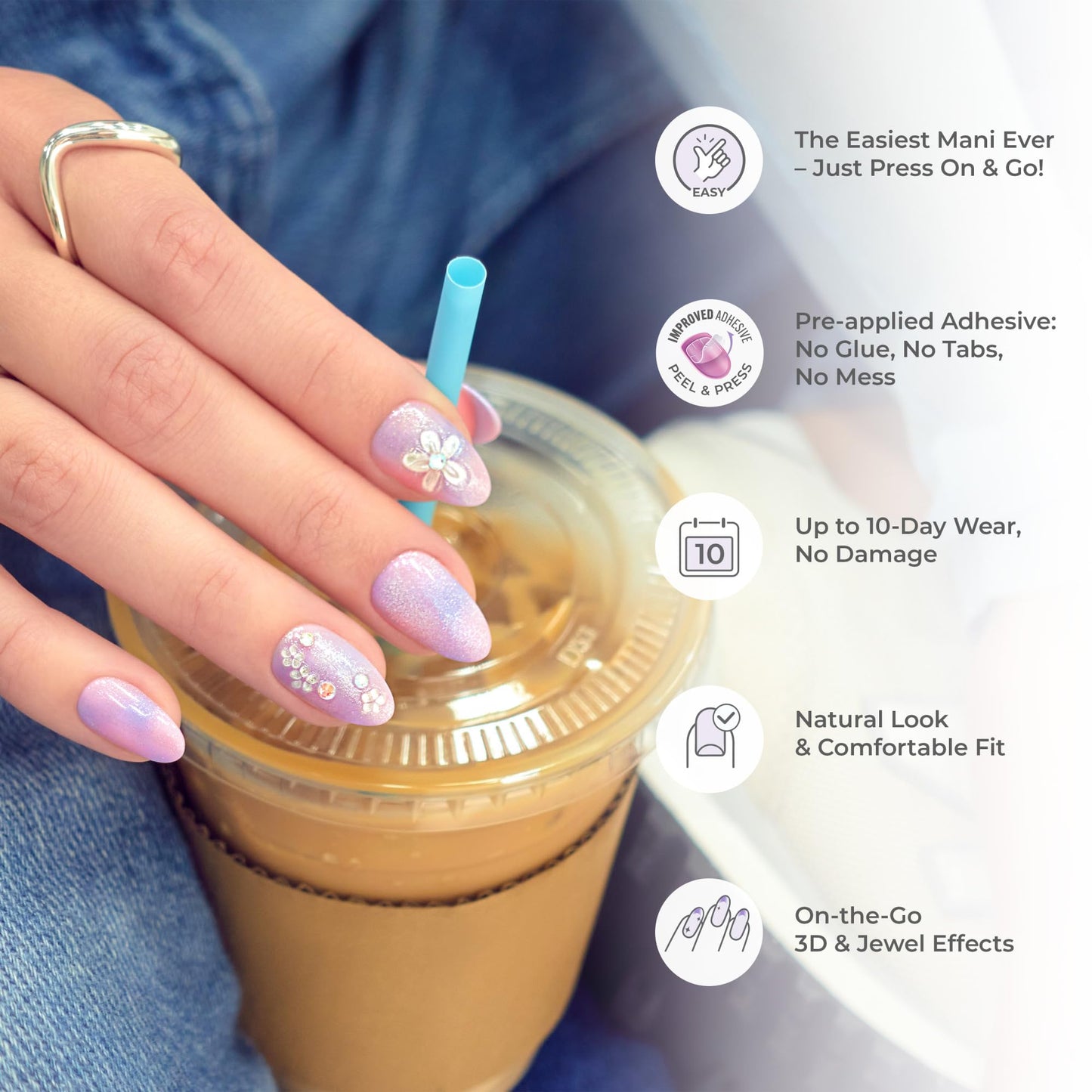 Kiss Impress Premium Press On Nails, Style ‘Portal’, Purple, Medium Coffin, No Separate Tabs, Nail Kit Contains 30 Fake Nails, Prep Pad, Mini Nail File, and Manicure Stick