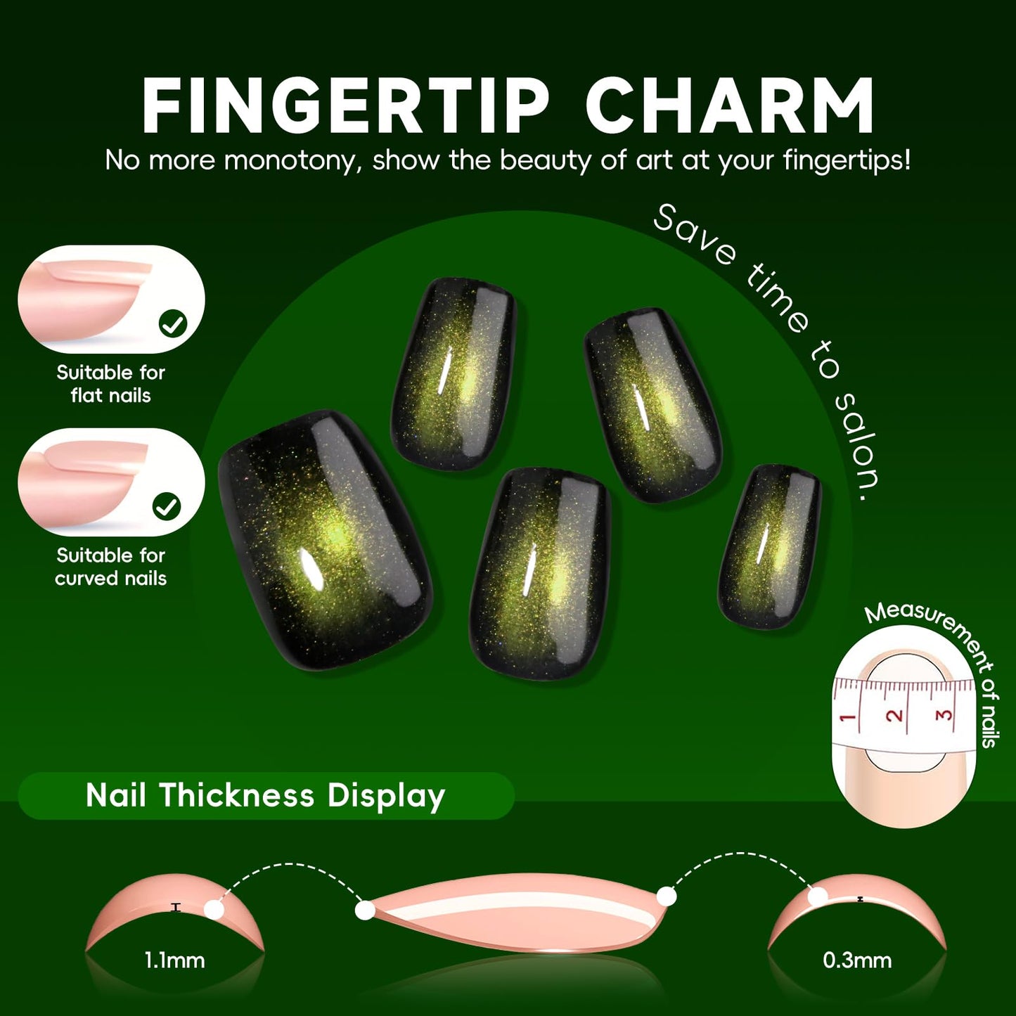 HOSAILY Green Cat Eye Press on Nails Short Square, Green Galaxy Fake Nails with Magnetic Shimmer Design, 24pcs Glossy Handmade Gel Glue on Nails Coffin, Salon Quality Stick on Nail Press ons for Women