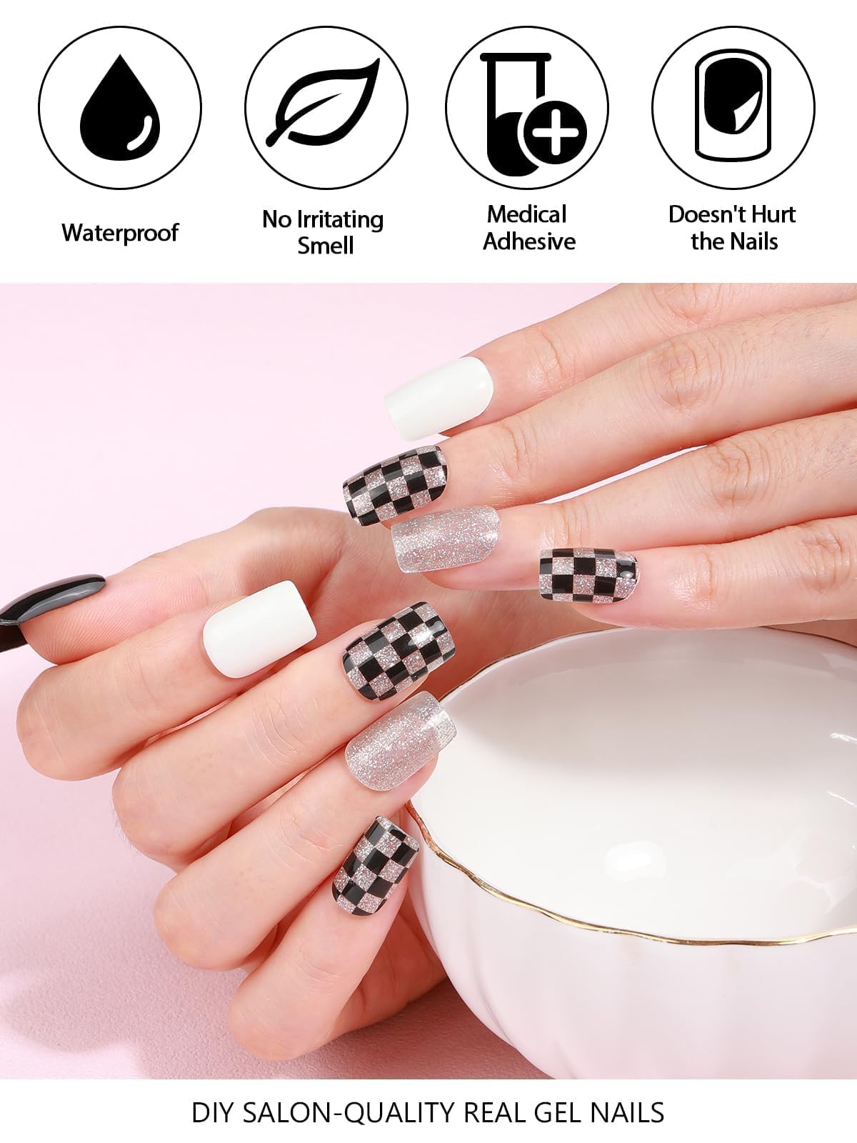 32PCS Semi-Cured Gel Nail Strips EBANKU Nail Polish Stickers Long-Lasting Semi-Cured Gel Nail Wraps Full Nail Polish Wraps Shiny Nail Decors Gel Nail Art Stickers UV/LED Lamp Required (Black Plaid)
