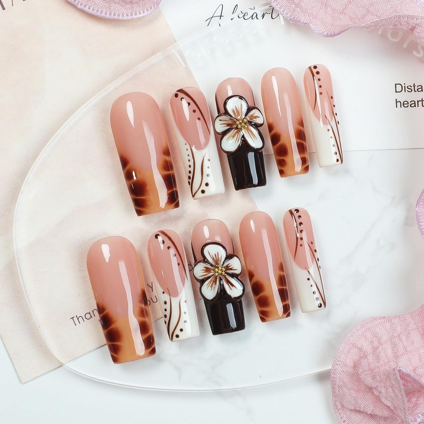 Flower Press on Nails - Long Square Handmade Press on Nails Thick Acrylic and Muti-Layer Gel False Nails 3D Floral Stick on Nails Leopard French Tip Fake Nails for Women DIY Art Decor (M)