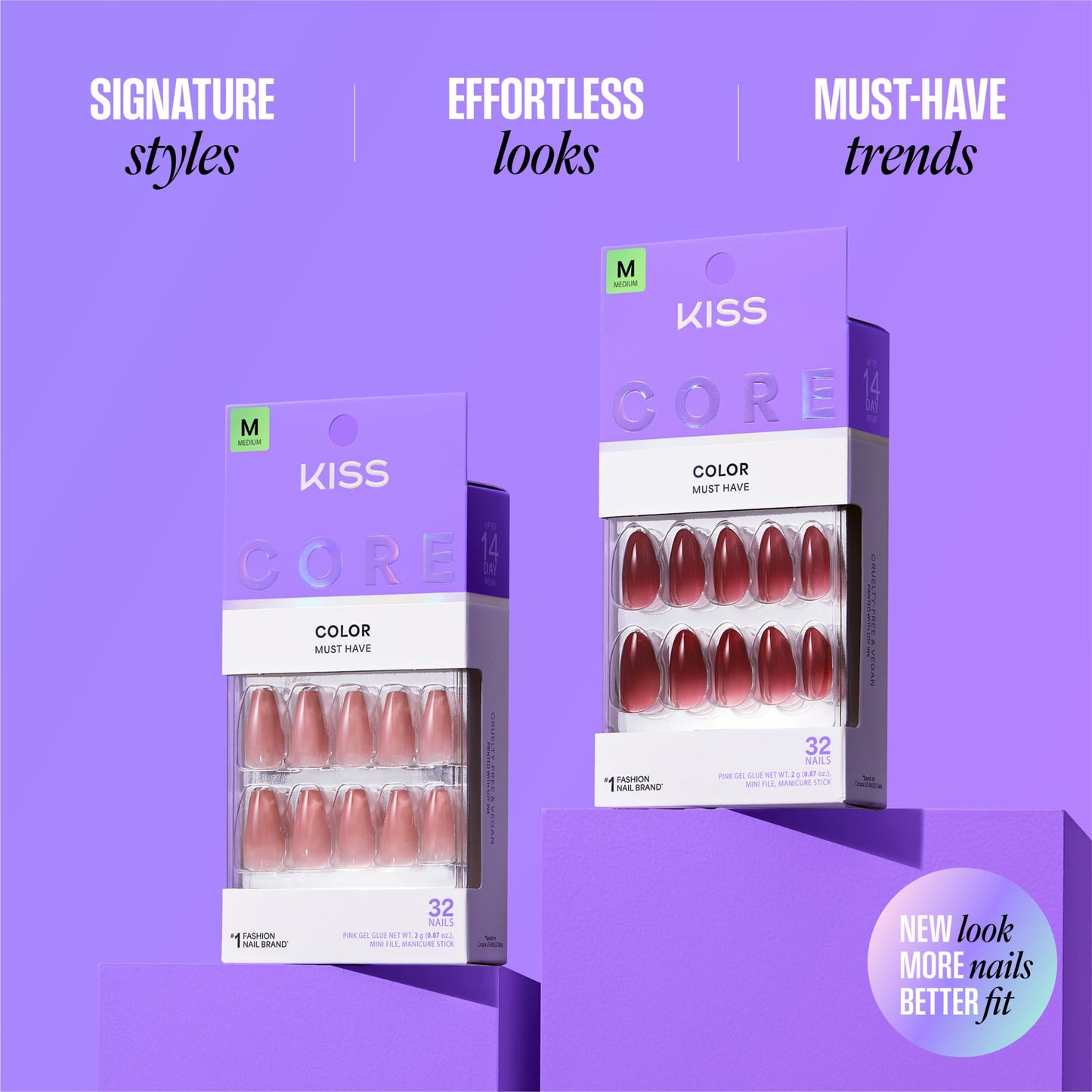 Kiss Core, Press On Nails, Nail glue included, 'Dulcet', Pink, Medium Size, Almond Shape, Includes 32 Nails, 2g Glue, 1 Manicure Stick, 1 Mini File