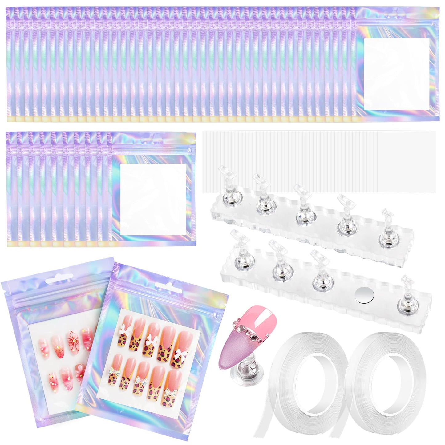 ESUOHYM 50 PCS Nails Packaging Bags with Nail Stand for Fake Nail, Holographic Press On Nail Storage Container Nail Art Kit for Diy Design,Nail Cardboards with 2 Double-sided Adhesive Tape Salon Home