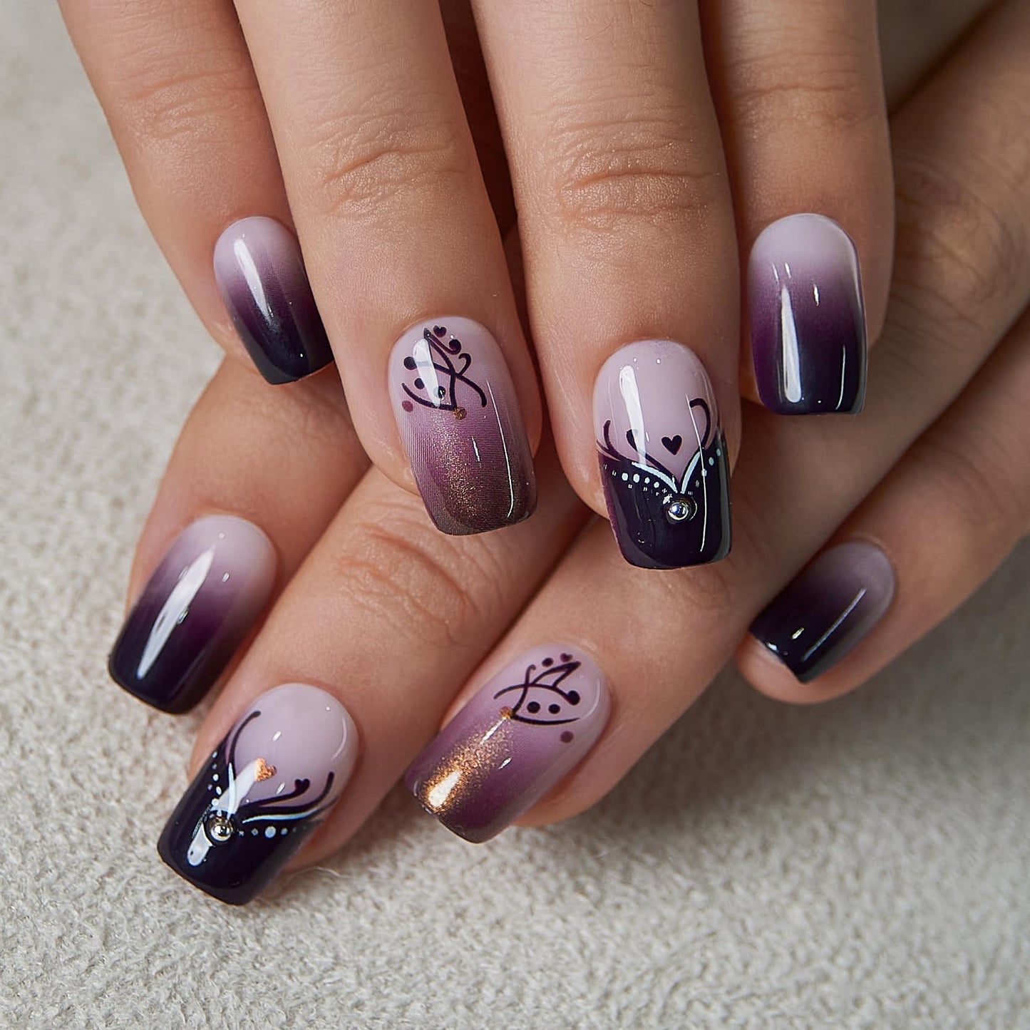 CurvLife Purple Ombre Press On Nails Medium for Women, Square Soft Gel Fake Nails, Nude to Dark Purple Gradient Glue On Nails Kit with Glitter & Rhinestone Design, Salon Quality