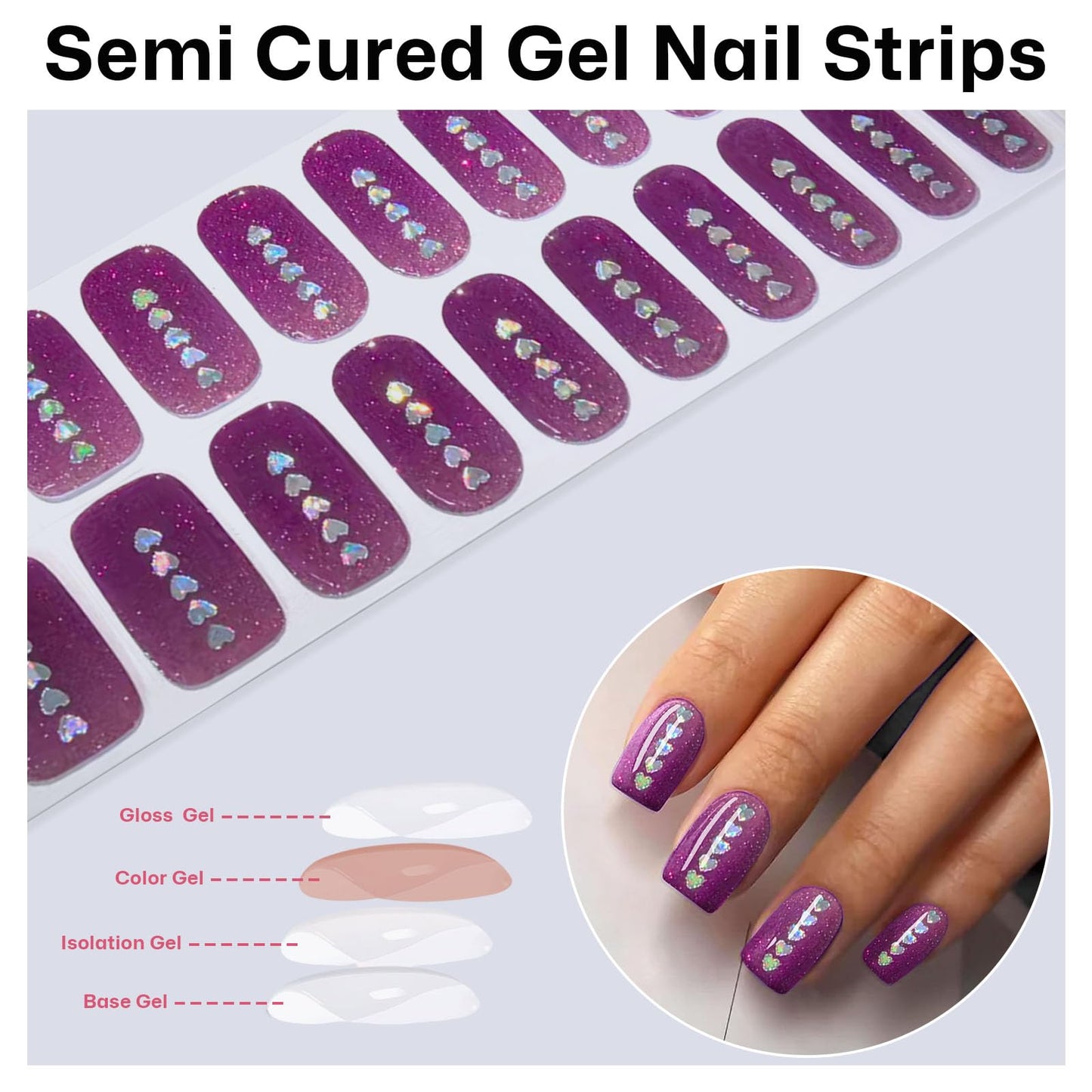 Semi Cured Gel Nail Strips with Heart/Love Designs Gel nail stickers Purple Glitter Nail strips stickers Salon Quality & Easy to Use 20 Pcs for Women
