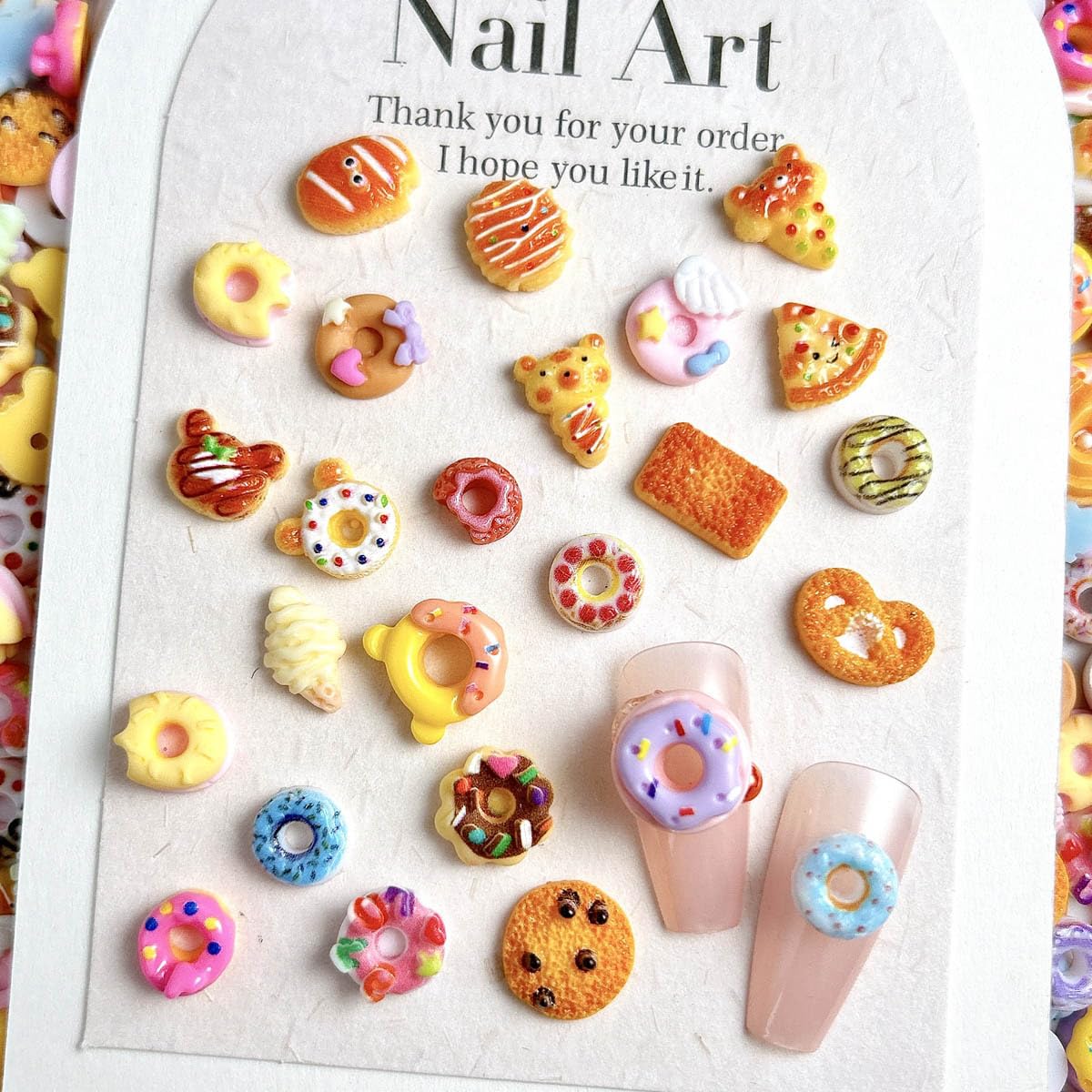 AWDSLUY 50Pcs Colorful Snack Nail Art Charms 3D Resin Food Flatback Nail Charms Donut Nail Supplies Biscuit Bread Ice Cream Pizza Nail Art Rhinestones Mixed-Style Food Toys Nail Art Accessories DIY