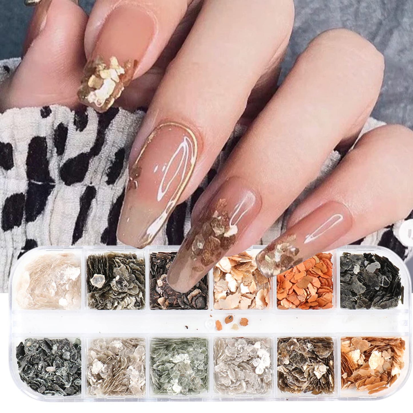 Mica Marble Nail Art Flakes, Holographic Japanese Style 3D Nail Glitter Sequins Design, 3D Mica Marble Nail Slices Acrylic Nails Supplies for Women Manicure Charms Decorations, DIY Resin Nail Art Tips