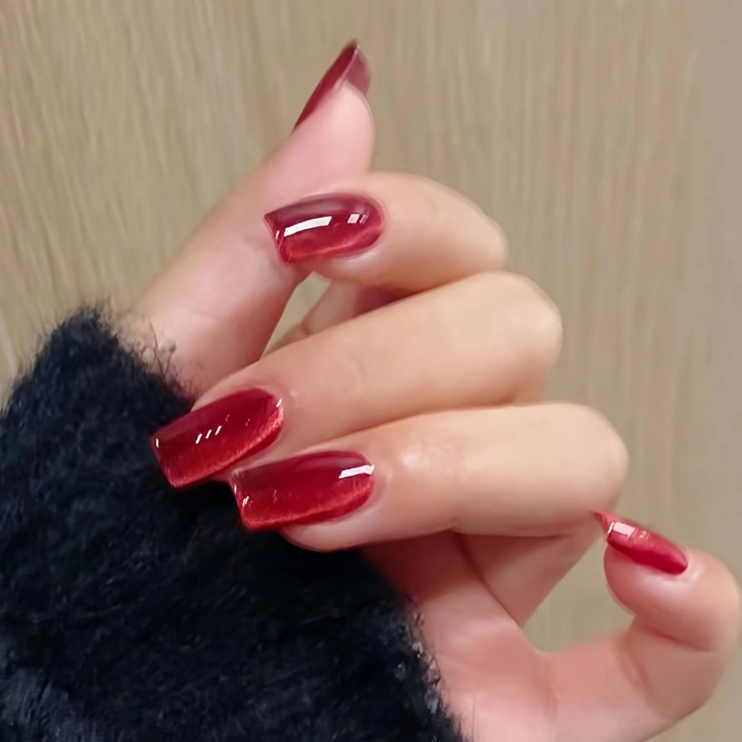 Qsnidy Press on Nails Square - Red Velvet Fake Nails Medium Acrylic Glossy Full Cover Stick On Nails for Women and Girls Daily Wear, Natural Fit Glue on Nails in 12 Sizes - 24 Nails Kit