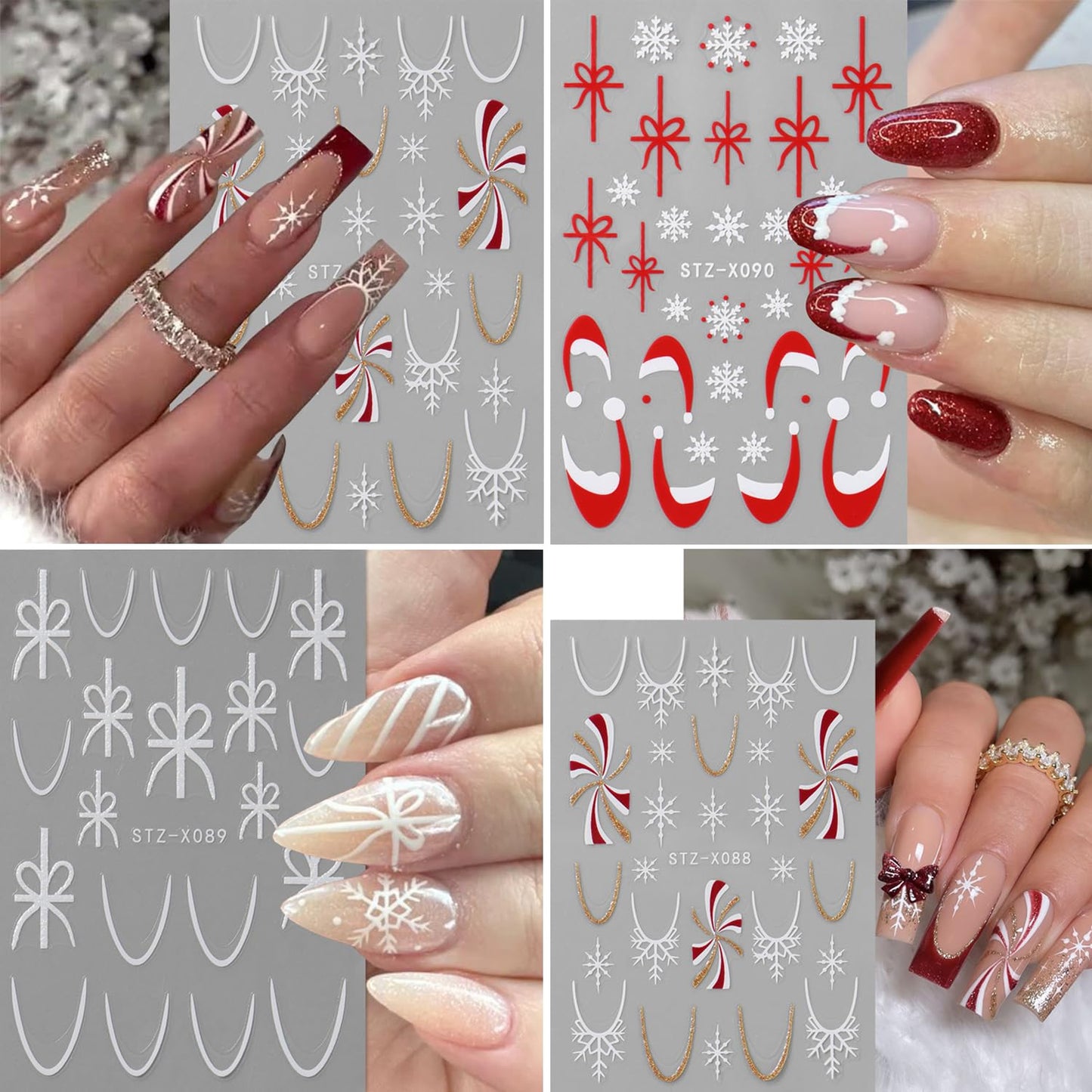 Christmas French Nail Stickers Decals with Christmas Cartoon Snowflakes, French Lines, Bows, Santa Hats Design Snowflake Gift Xmas Nail Sticker Nail Tip Winter Holiday Manicure Decor for Women