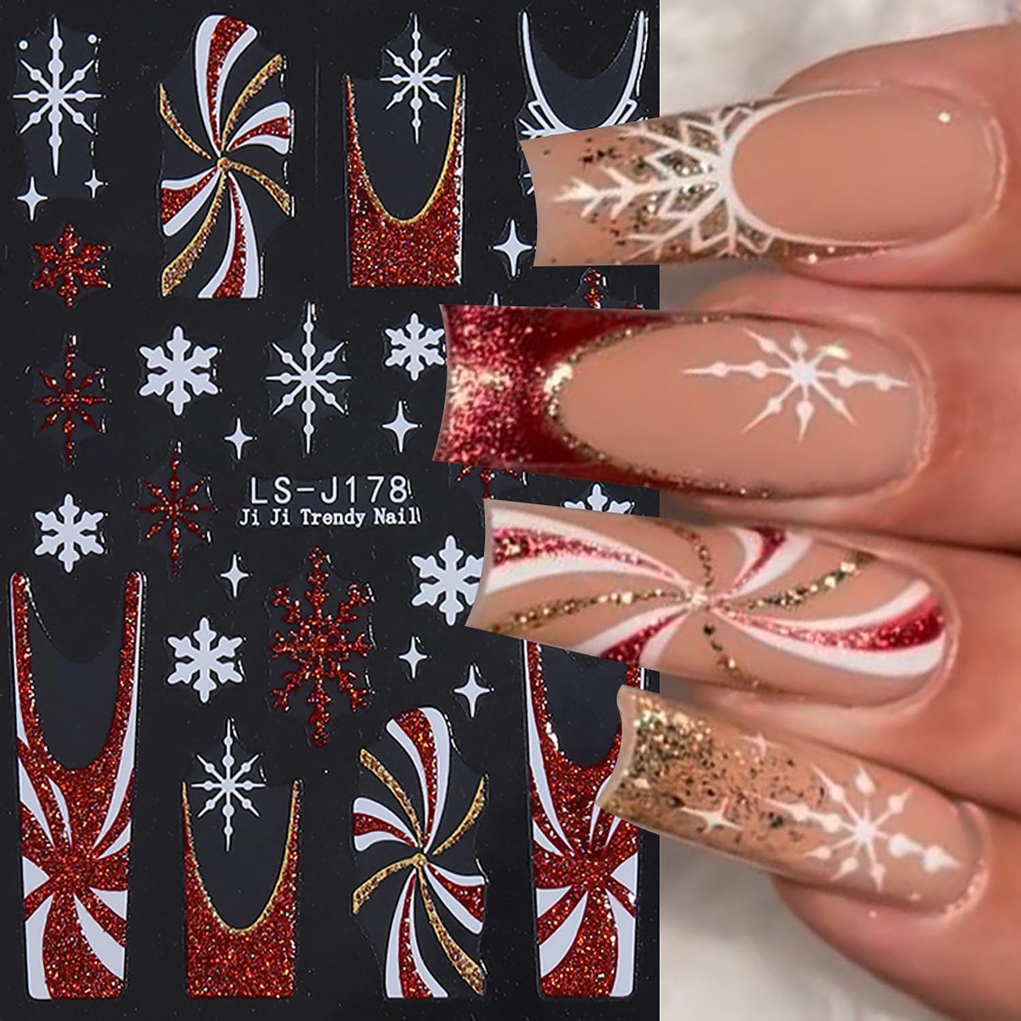 Christmas Nail Art Stickers Winter Glitter Bow Snowflake Cute Elk Xmas Nail Stickers 3D Self -Adhesive Christmas Trees Light Ball Festival Decals Holographic Xmas Decoration for Women DIY Manicure