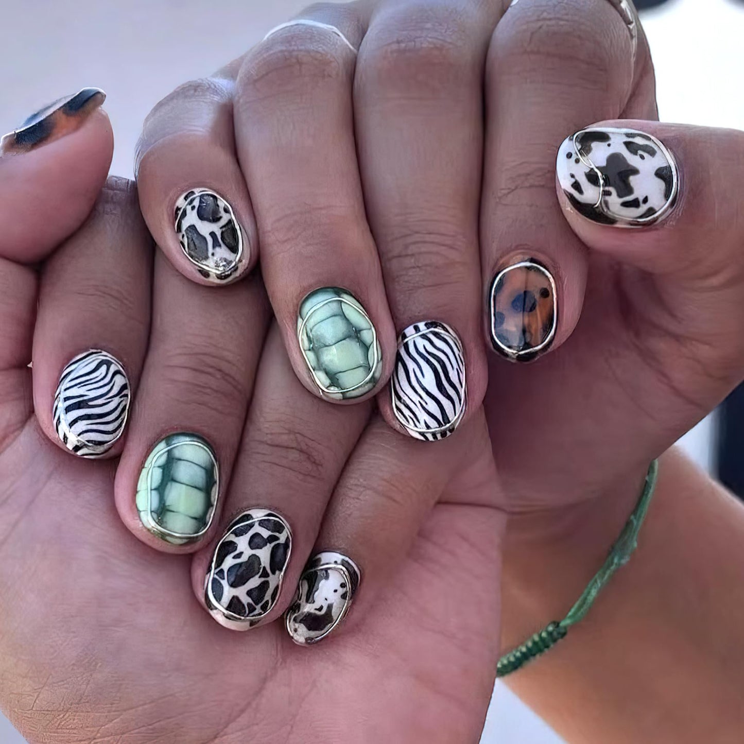 Jremg Animal Stripes Press on Nails Short Almond Fake Nails with Designs Glossy 3D Silver Circle Lines False Nails Zebra, Turtle, Leopard Glue on Nails Reusable Stick on Nails for Women 24Pcs