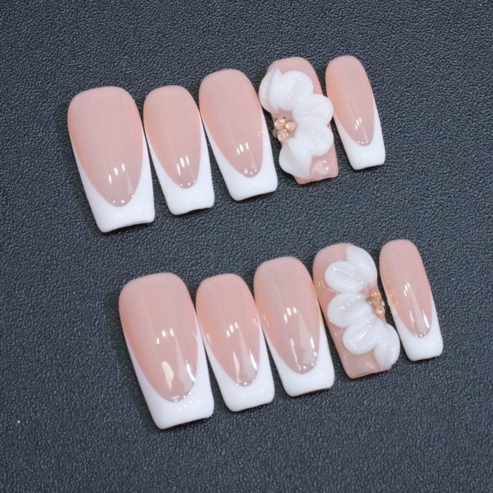 White French Tip Handmade Press on Nails Medium Square Fake Nails Muti-Layer Gel False Nails with 3D Flower Rhinestones Designs Thick Acrylic Nails Full Cover Stick on Nail for Women Nail DIY (Size S)