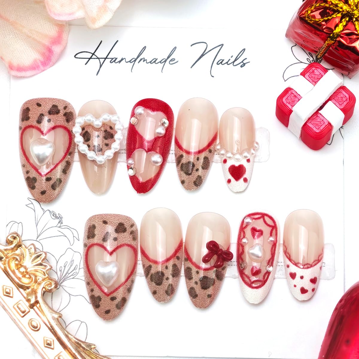24Pcs Valentine Press on Nails Medium Almond Fake Nails 3D Bow Leopard Print Pearl Rhinestones Design Cute French Tip False Nails Romantic Red Heart Full Cover Stick on Nail for Women Manicure Salon