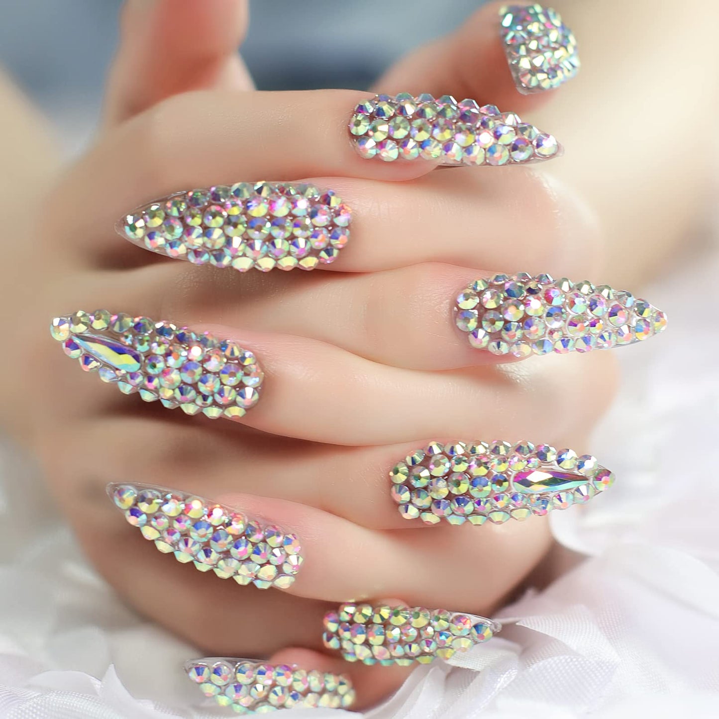 3D Rhinestone Art Deco False Nails Acrylic Shiny Diamond Long Almond Gem Gorgeous Sophisticated Party Show Gig Fake Nails 24 pcs/kit