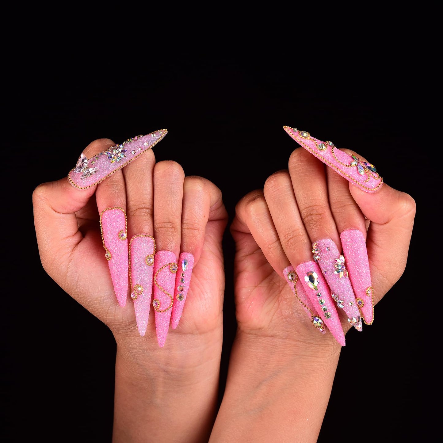 Tmani 10pc/set Extra Long Handmade Press On Nail Hot Girl's Long Ballet Nails Pointed Nail Full of Diamond Glitter Decoration Fake Nails Suitable For Girls Festival Parties and Birthday Gift（246,S)