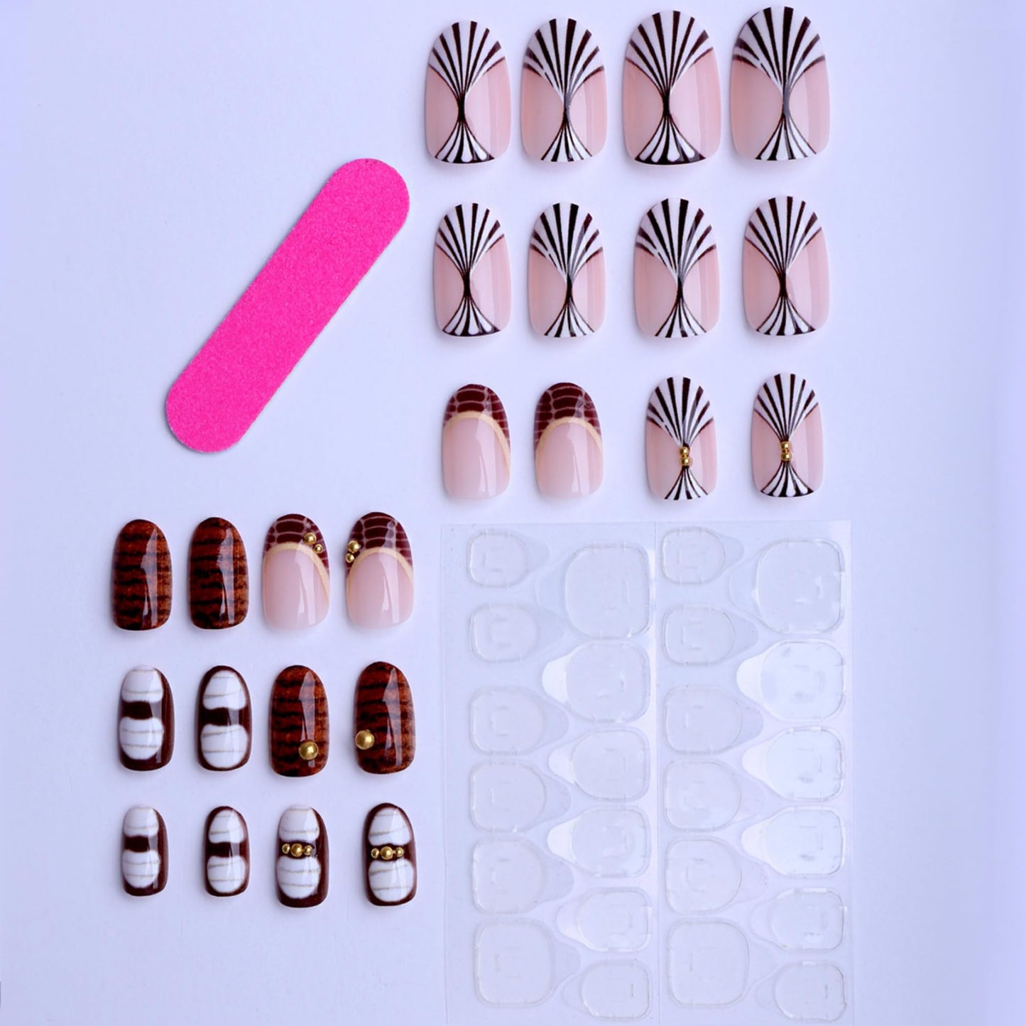 SEENEEY Almond Press on Nails Medium Fake Nails Brown Artificial Nail Black and White Designs Stick on Nail for Women 24pcs