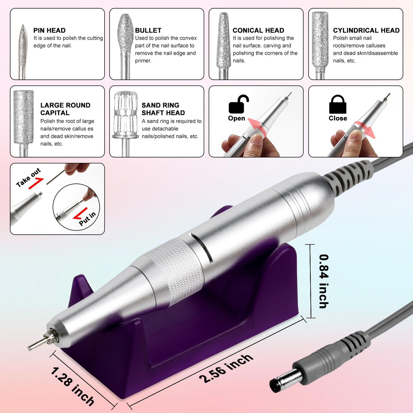 LIMEGIRL Professional Electric Nail File Drill Bits Kit 45000RPM for Acrylic Toenail Machine Clippers with 14 Drill Bit Gradient Pink Portable Rechargeable Cordless