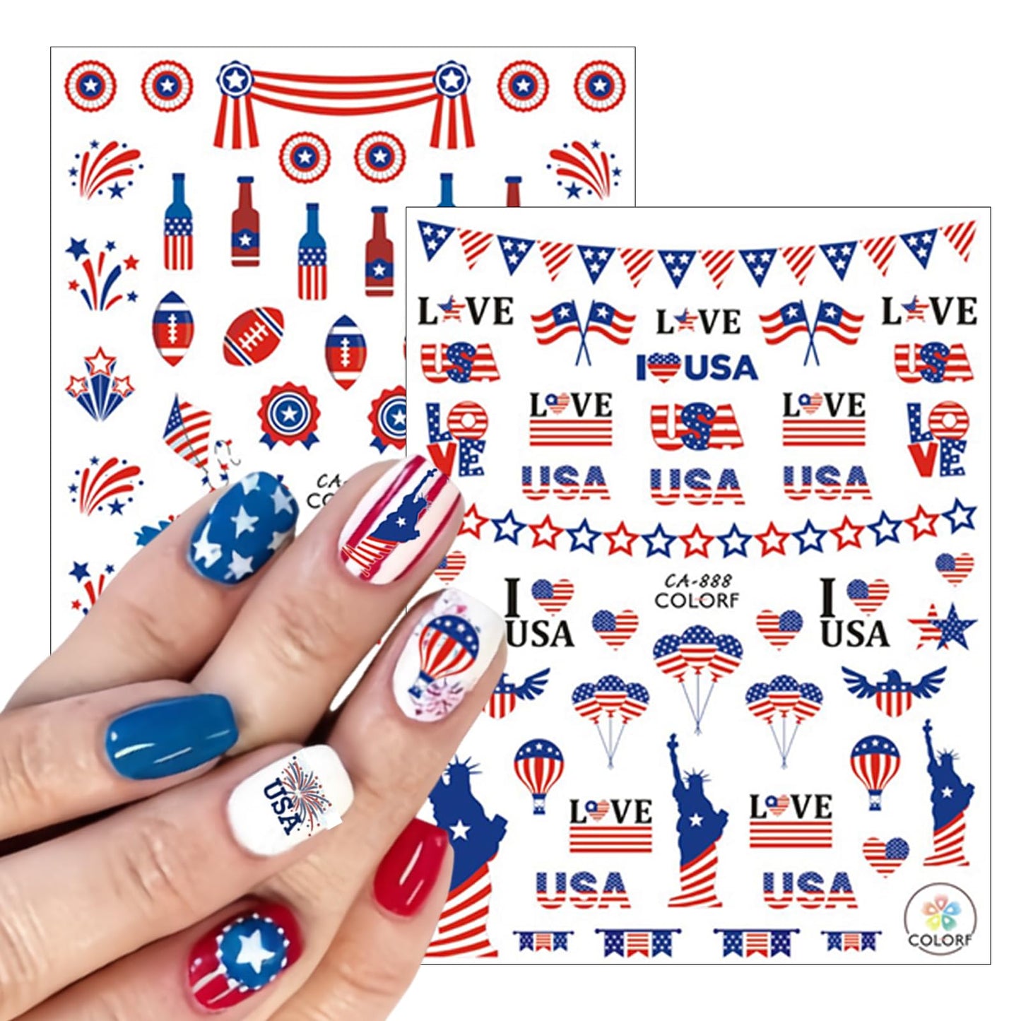 8Sheets 4th of July Nail Art Stickers American Flag Patriotic Nail Decals,3D Self-Adhesive Independence Day Nail Stickers Stars Stripes Eagle Nail Design Memorial Day Nail Supplies for girl Nail Decor