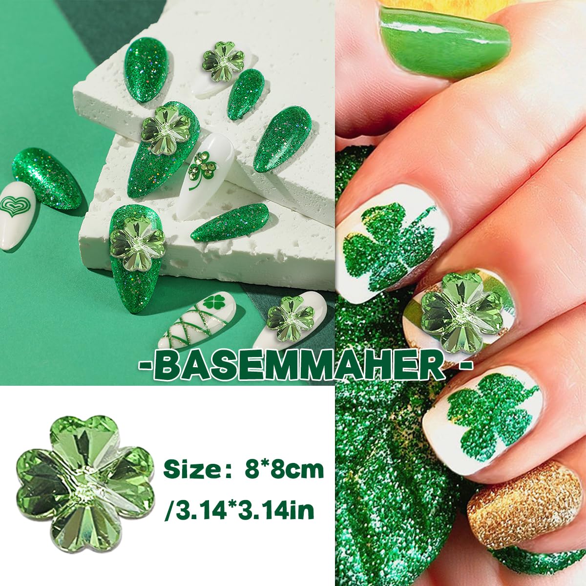24Pcs Glitter 3D Green Shamrock Nail Charms for St. Patrick's Day Clover Nail Rhinestone Decal Crystal Diamond Alloy Nail Gems Irish Decorations for Women Girls Manicures Eyes Makeup Crafts