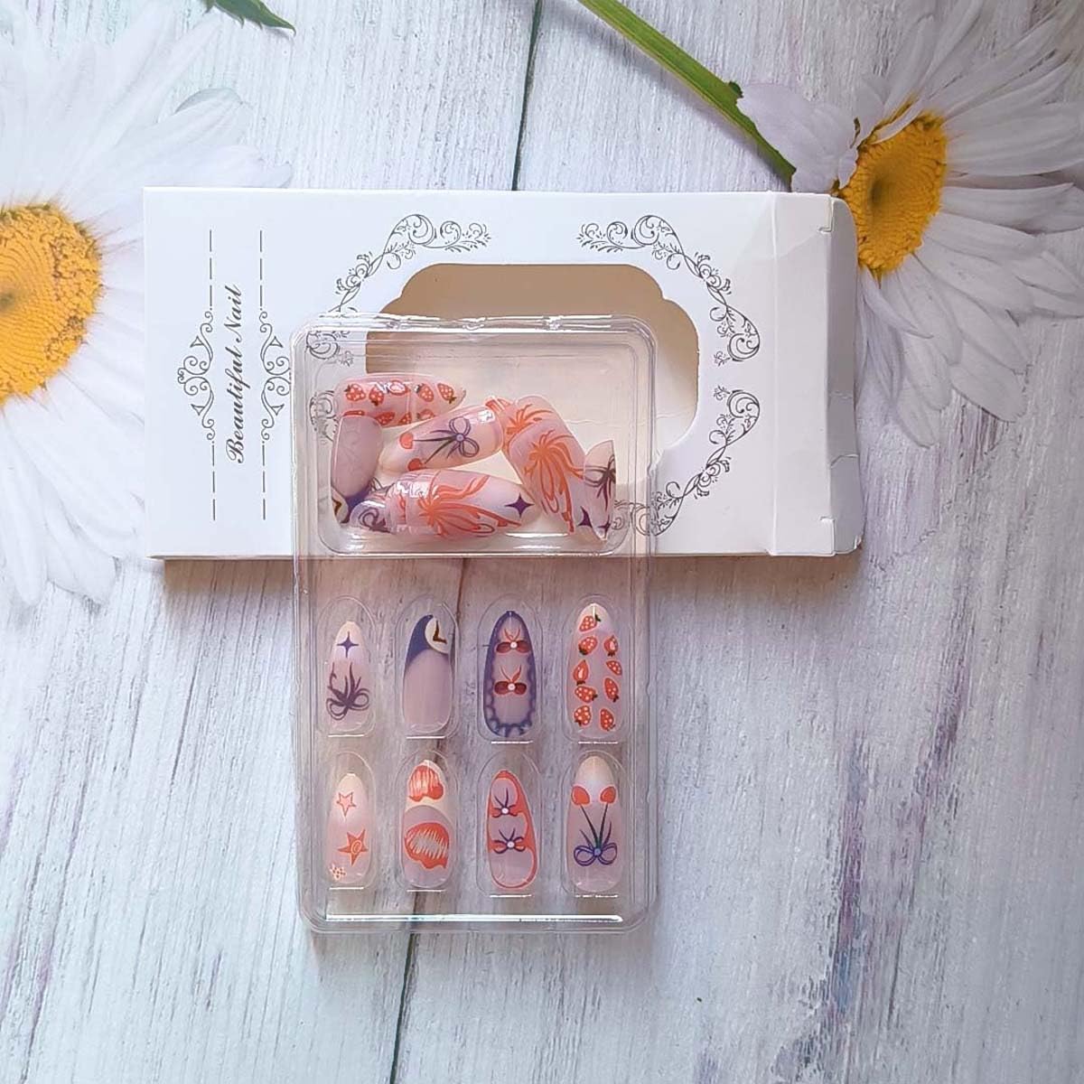 LINMEIZAI 24 Pcs Cute Press on Nails Short Almond French Tip Y2K Fake Nails Press ons Nail Tips Glue on Nails Acrylic Nail Kit with Strawberry Bow Design False Nails Stickers Nail Art for Women