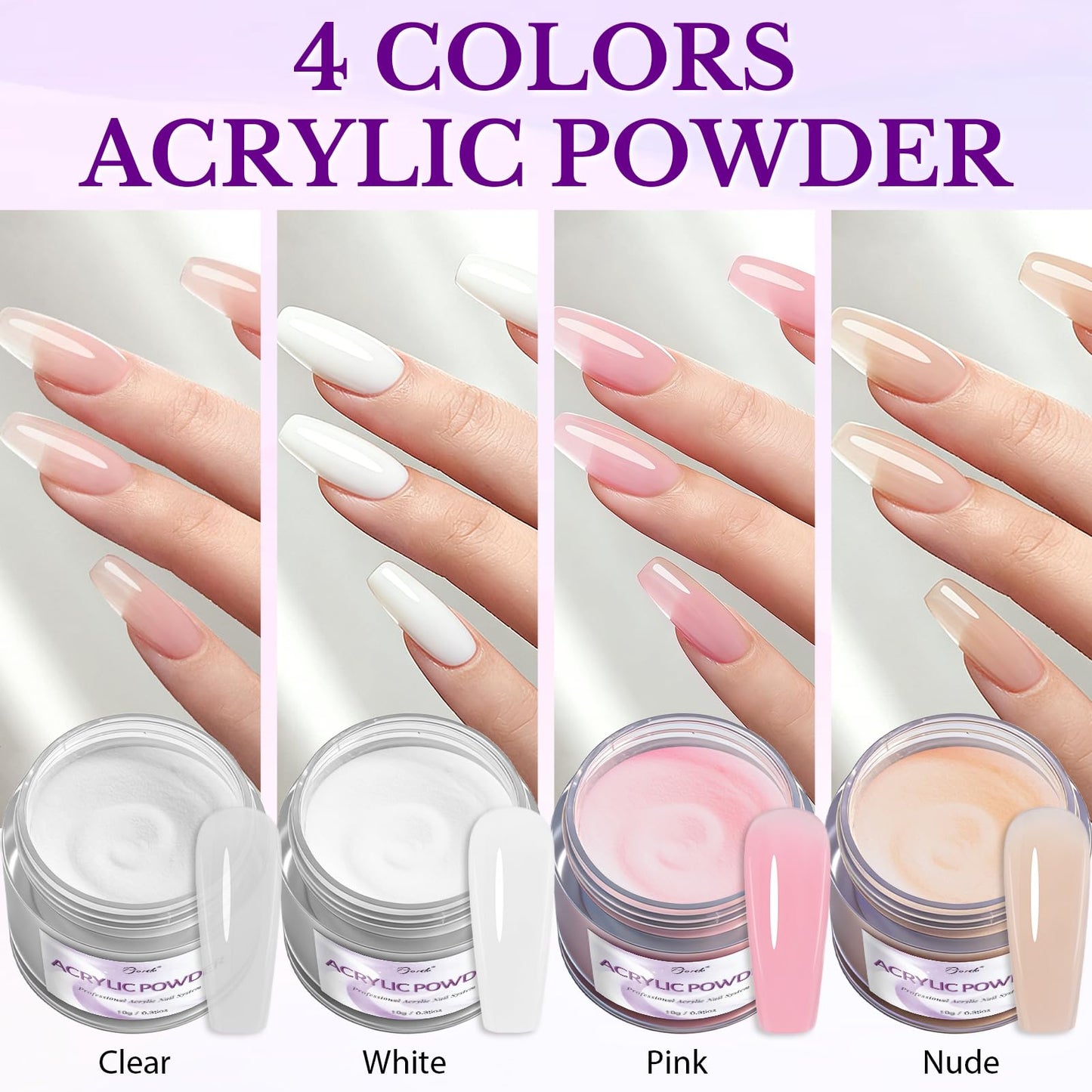 Pjordo Acrylic Nail Kit, 5.1fl. oz Acrylic Liquid with 3 Sizes Nail Brush, Files, Forms & 4 Powders for Nail Extension, Not Easily Yellowed Acrylic Nail Kit for Beginners & Salon DIY Home Nail Art