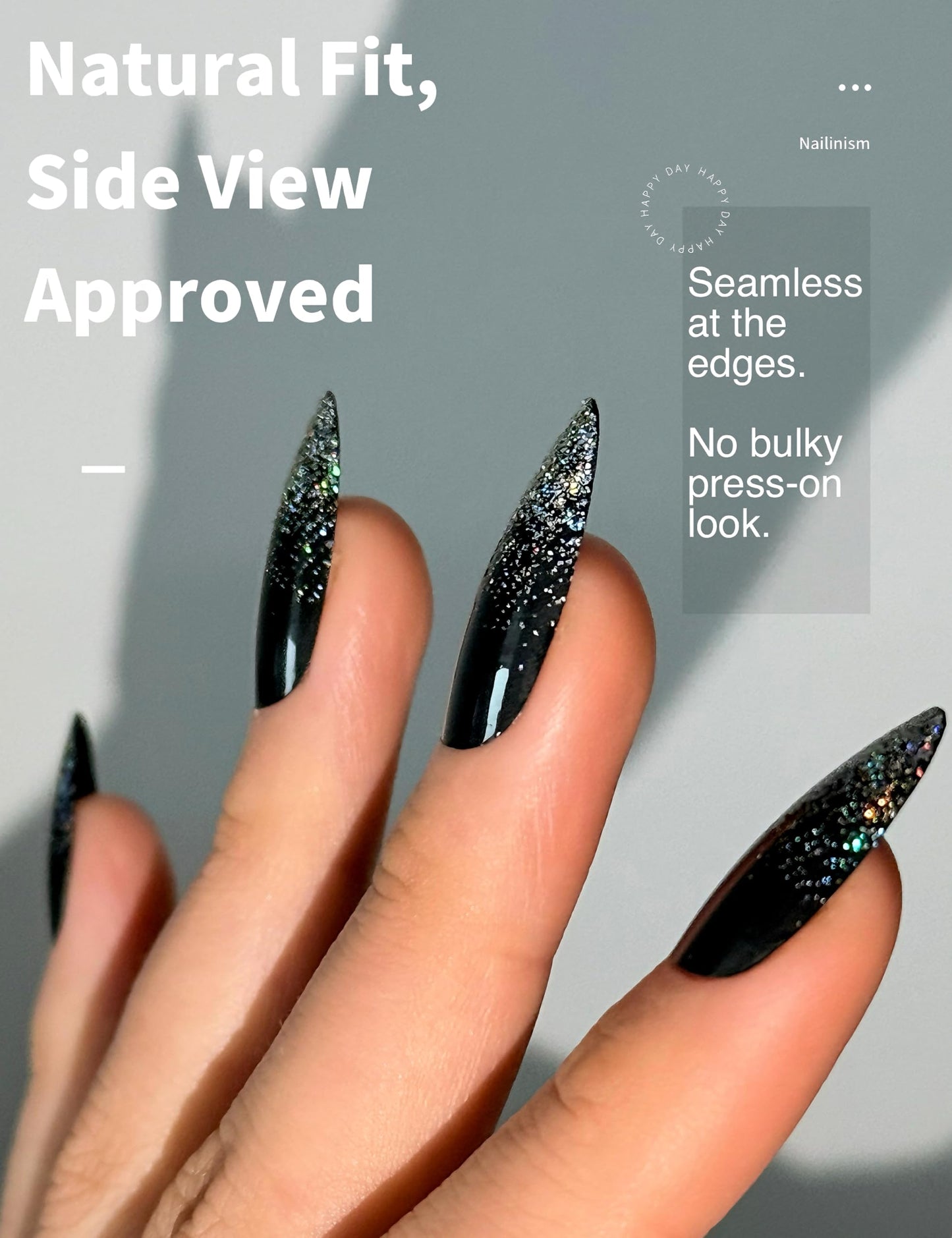 Black Glitter Press on Nails Medium Almond, Y2K Syle, Good for Music Festival, Parties, Daily Wear, Cool-Toned Shimmer Soft Gel Fake Nails, Salon Quality 24pcs Reusable Kit by Nailinism