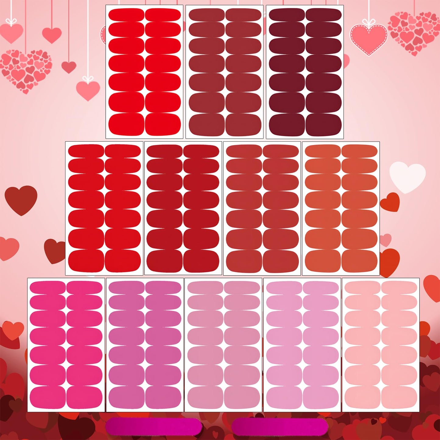 winthrop 12 Sheets Red Pink Series Solid Color Nail Wraps Full Stickers Nail Polish Strips, Valentine's Day DIY Self-Adhesive Women Nail Art Party Decor with 2 Pcs Nail Files (168 Pieces)