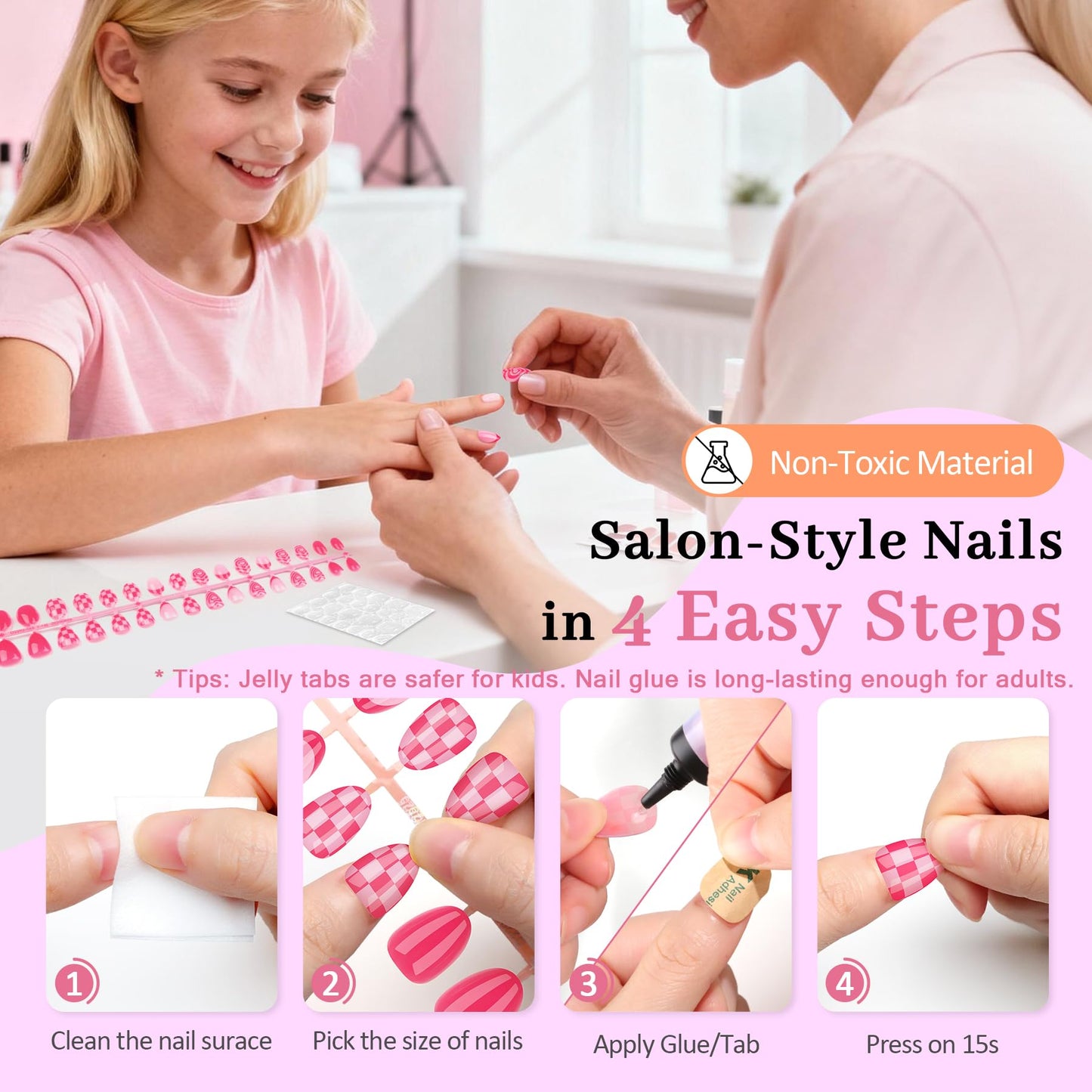 Qiek 16 Sizes Press on Nails Kit for Kids - 32 Pieces French Almond Fake Nail Tips for Girls 8-12 Years Old with Jelly Nail Adhesives & No-Lamp Nail Glue, Birthday Easter Gifts (Rose Pink Grid)