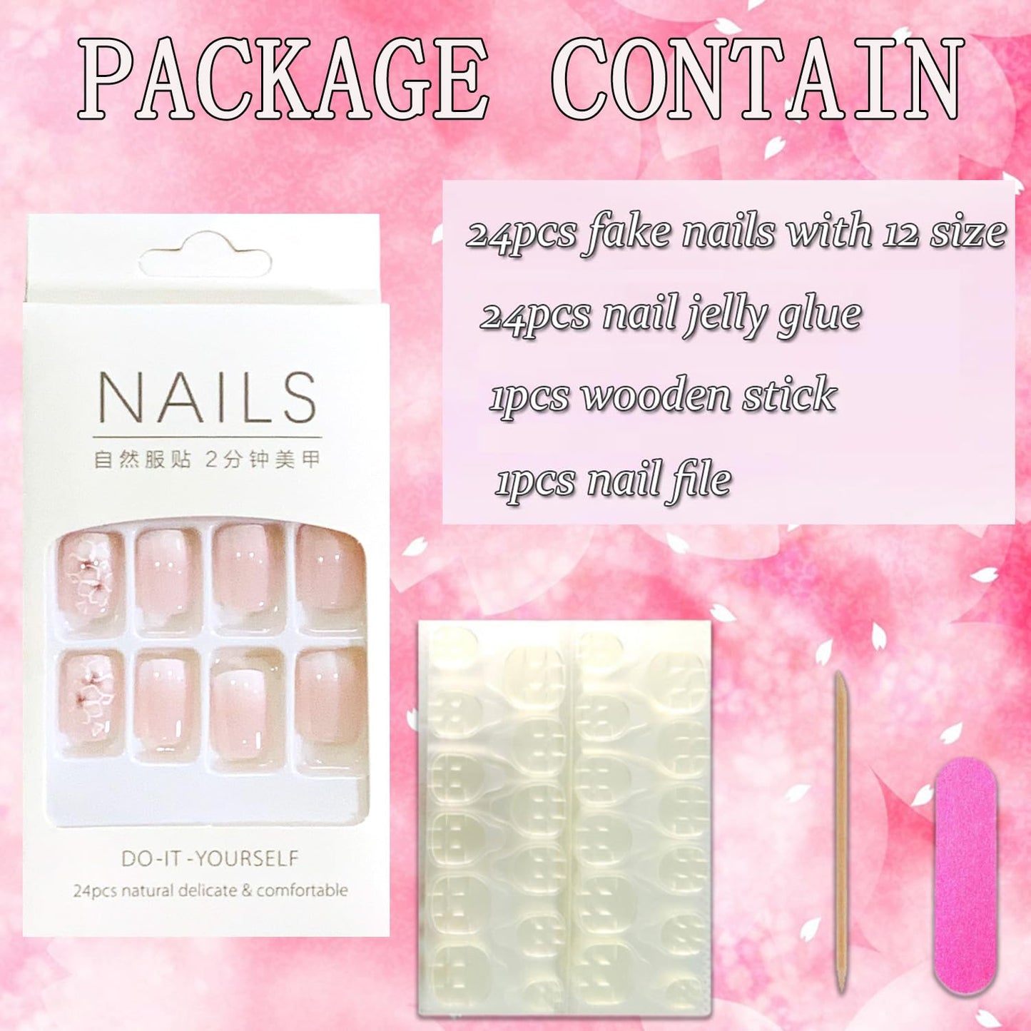 Vezocim Press on Nails Square Short 24Pcs French Tips Pink Press on Nails Coffin with Flower Designs Glossy Full Cover Acrylic Short False Nails Glue Fingernails Artificial Fake Nails for Women Girls
