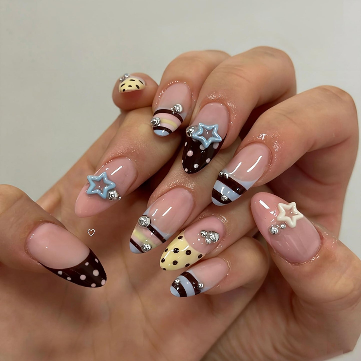 Long Press on Nails Almond Fake Nails Brown Acrylic Nail Press Ons Seeneey Y2Kand Stars Designs Rhinestones Stick on Nail for Women 24pcs