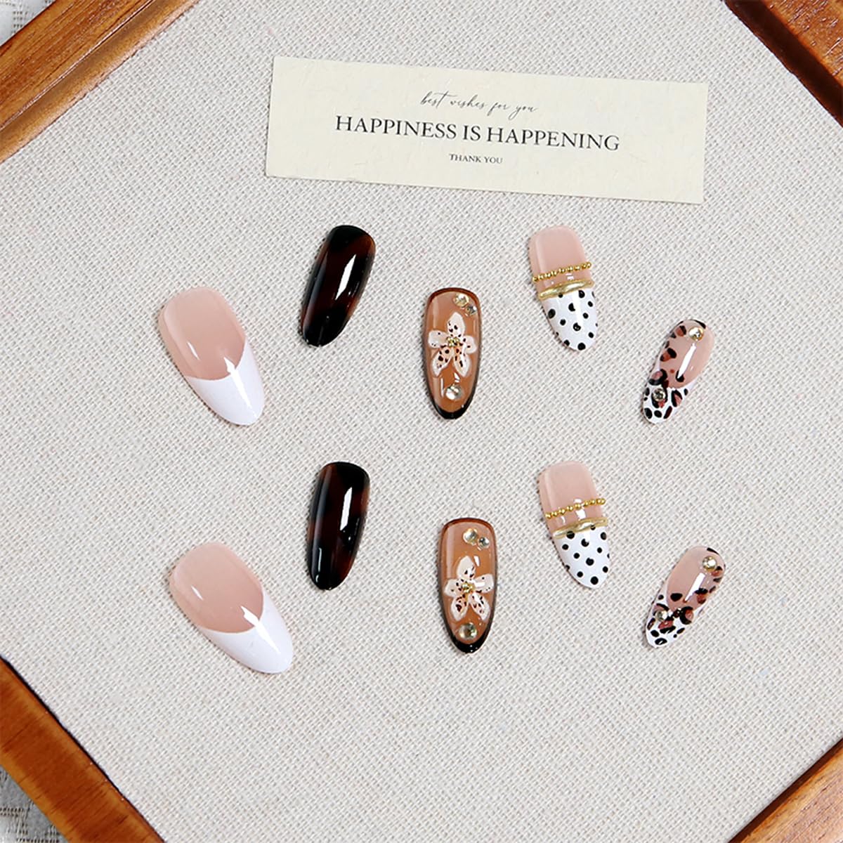 Brown Press on Nails Medium Almond Nails Press on with 5D Flower, Polka Dot & Tortoiseshell Design French Tip Fake Nails Leopard Print Glue on Nail Reusable Fall Summer Nail for Women Manicure 24Pcs