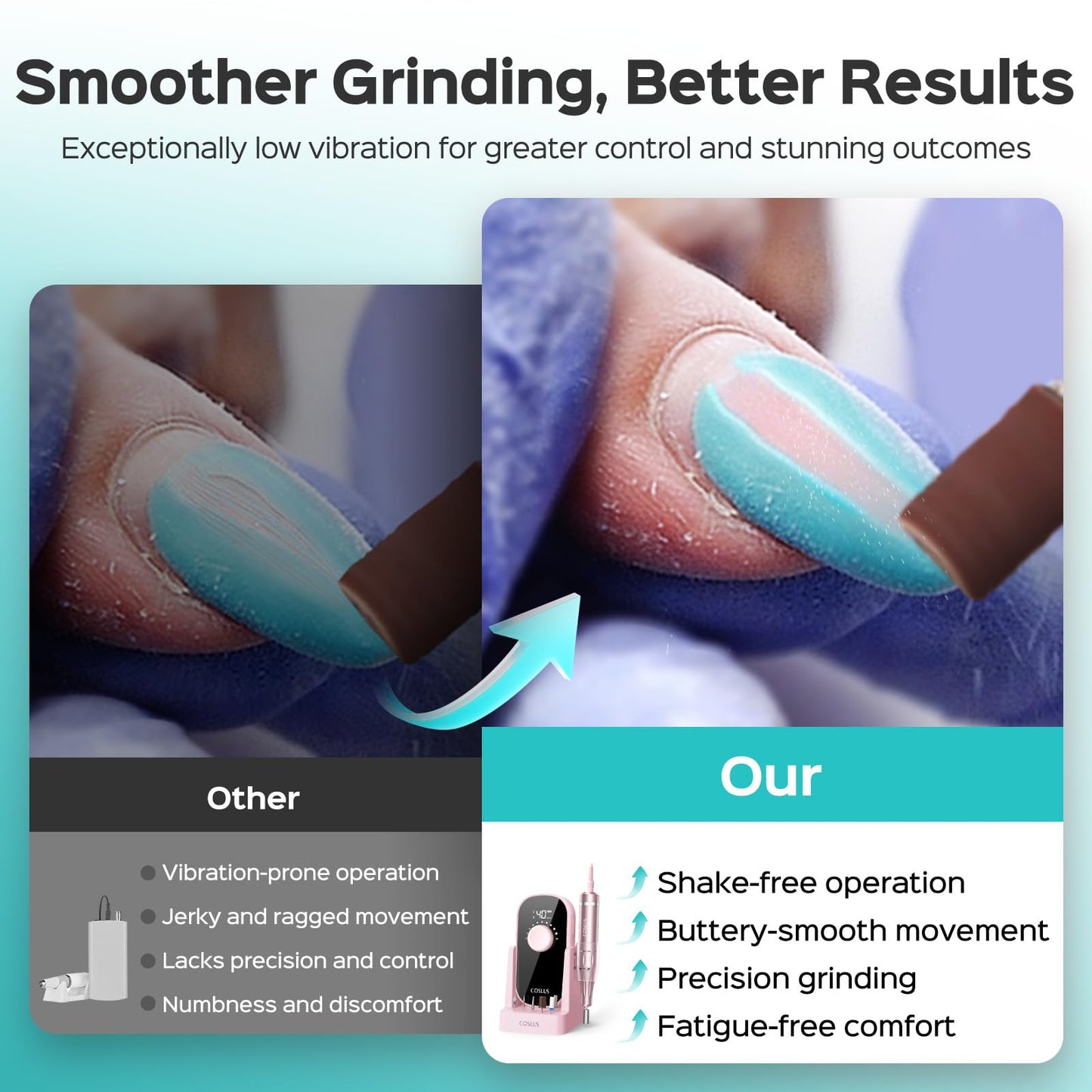 COSLUS E51 Electric Nail Drill Professional: 40000 RPM Rechargeable Nail File with Stand for Acrylic Nails, Stable & Smooth Grinding, Easy to Use, Ideal for Women Beginners, Home DIY and Salon Pink