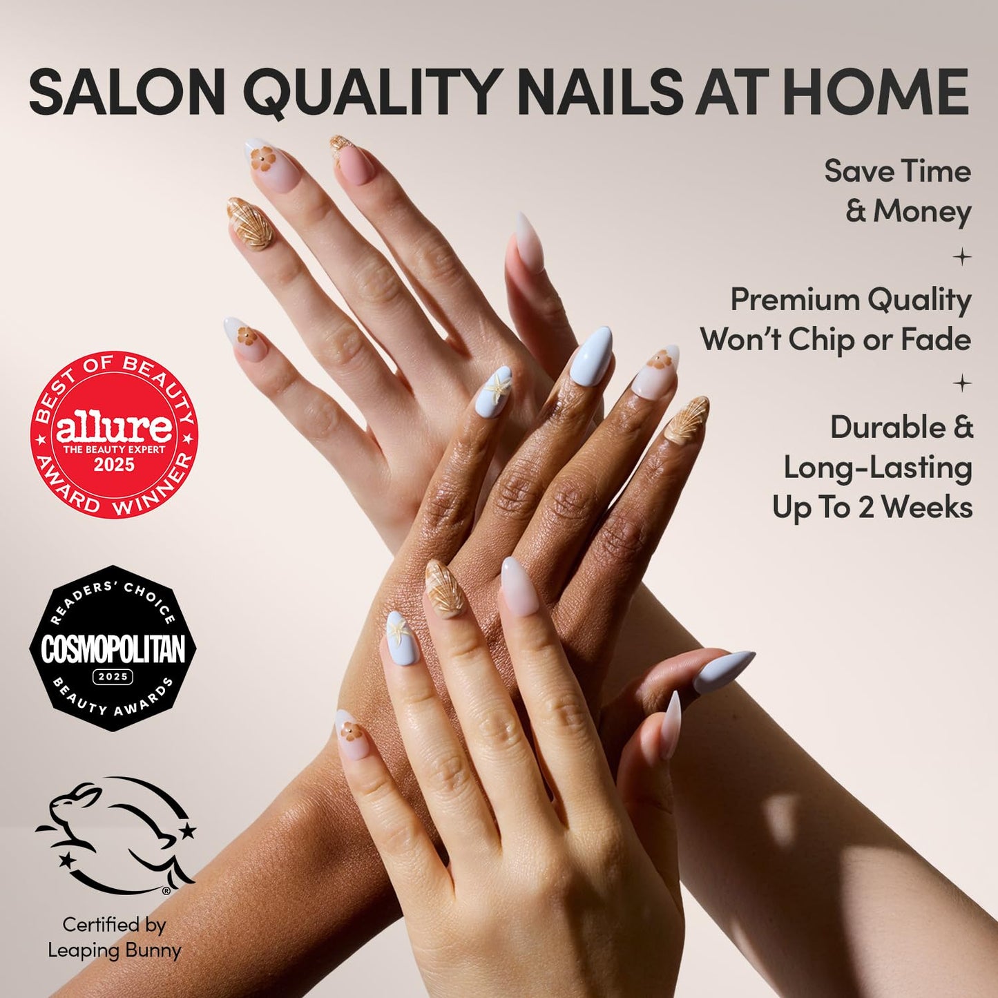 Glamnetic Press On Nails - Sea Star | Short Almond Seashell Fake Nails with 3D Nail Art, Salon Quality | 15 Sizes - 30 Nail Kit with Glue