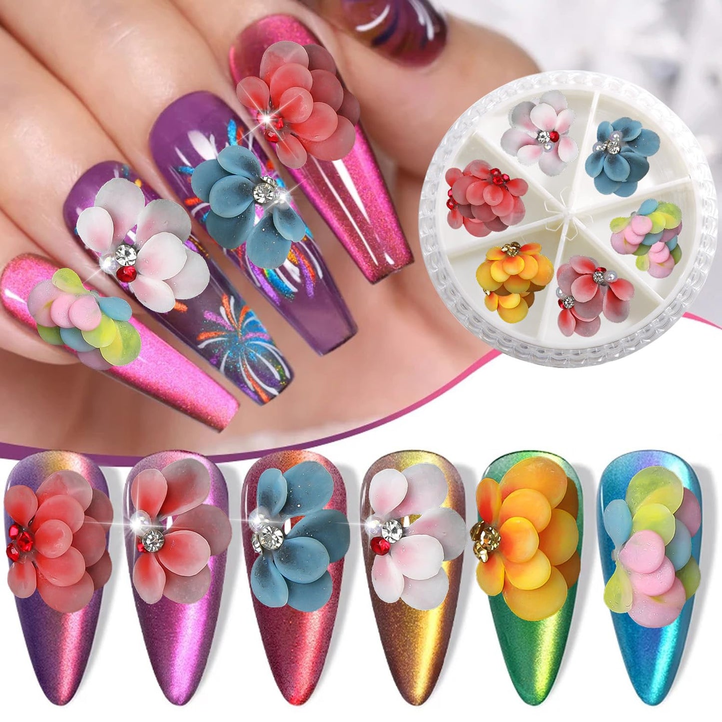 DANNEASY 12pcs 3D Flower for Nails Simulation Flowers Nail Charms Acrylic Nail Art Flowers with Pearls Rhinestones Charms for Nails Decor Resin Nail Decoration Craft Accessories