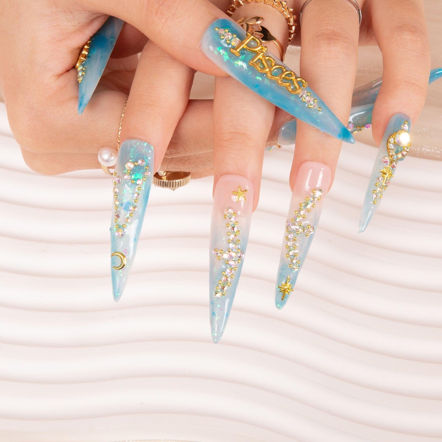 LOVFUL Press on Nails Pisces Blue French Tip | Handmade with Full Covered Crystals | Reusable Full Cover Nails | Stiletto Long 2.2 in | H157-M