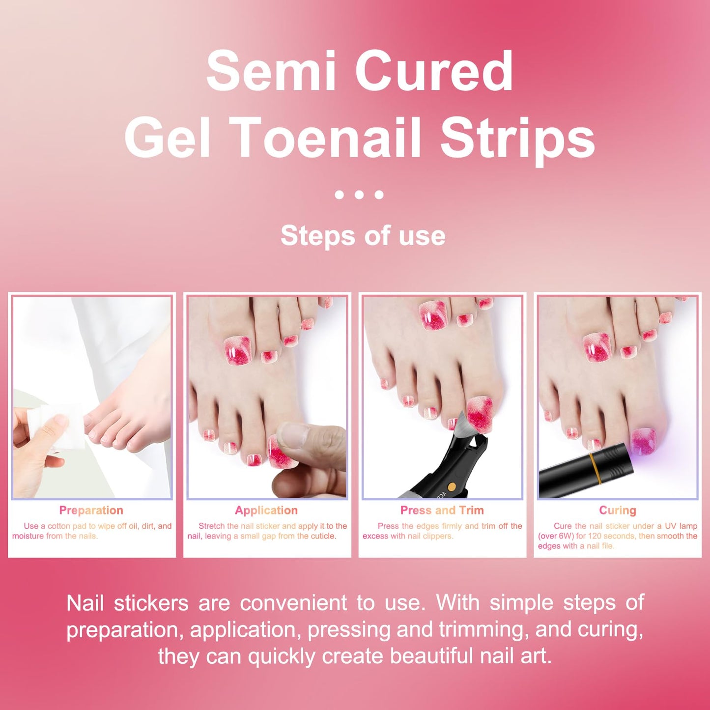 SILPECWEE Semi Cured Gel Nail Strips for Toes (Hazy Rouge - 32PCS), UV Light Required | Salon Quality | Long Lasting Toe Nail Stickers Gel Nail Wraps for Women Girl Manicure