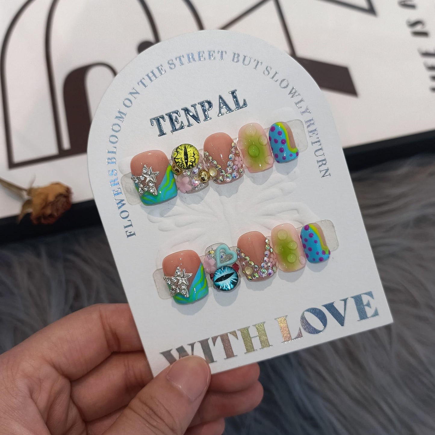 TENPAL V-Shape French Tips Square Nails,Acrylic Press on Nails with 10pcs Kit,Sweet Edgy Y2K Hand-Painted Art False Nails,Neon Yellow-Green Fake Nails with 3D Stars, Hearts, Rhinestones Flowers(M)