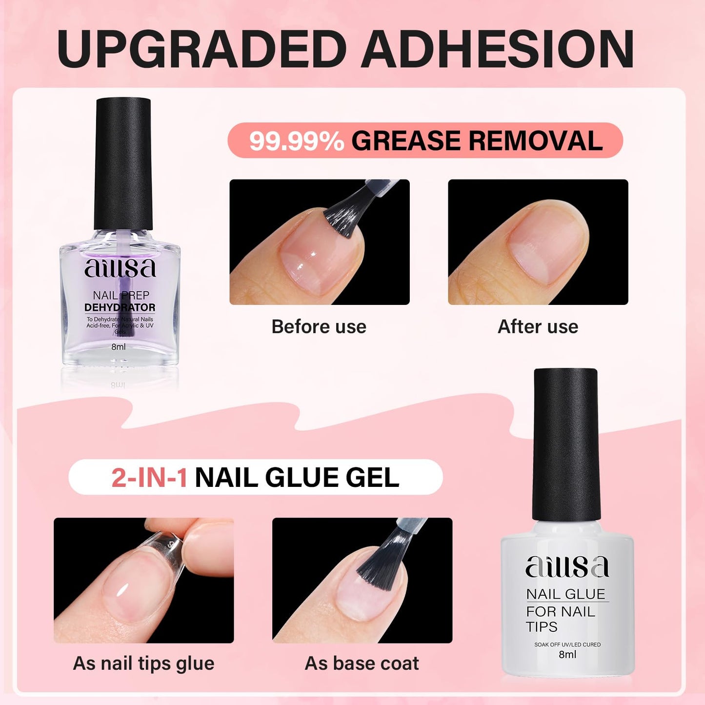 AILLSA Gel Nail Kit Short Coffin Nail Tips 240pcs with 2 In 1 Nail Glue Base Coat and Nail Dehydrator, False Nail Tips Kit with U V Light Top Coat for Beginners DIY Home Salon